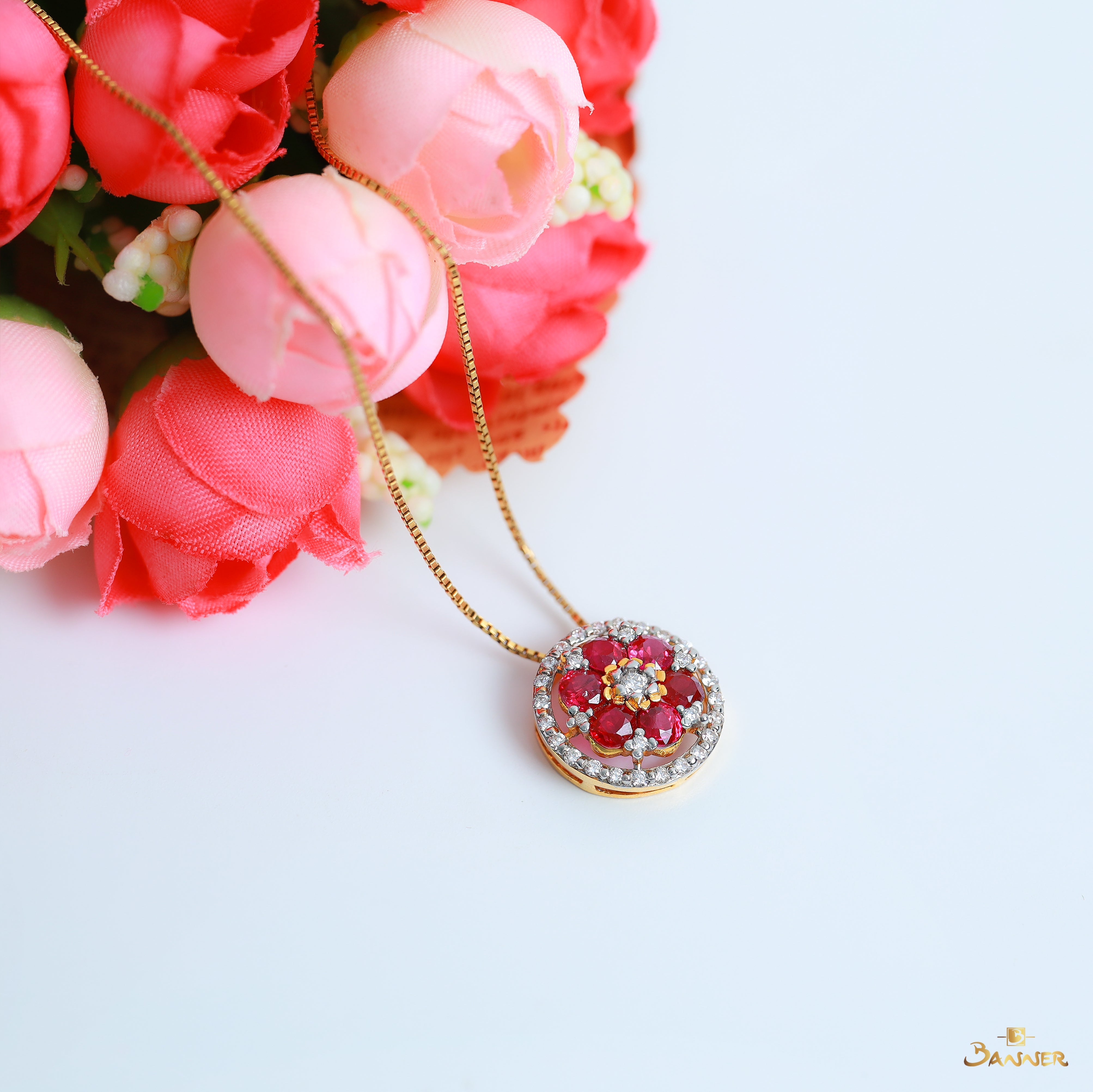 Ruby and Diamond Floral Pendant