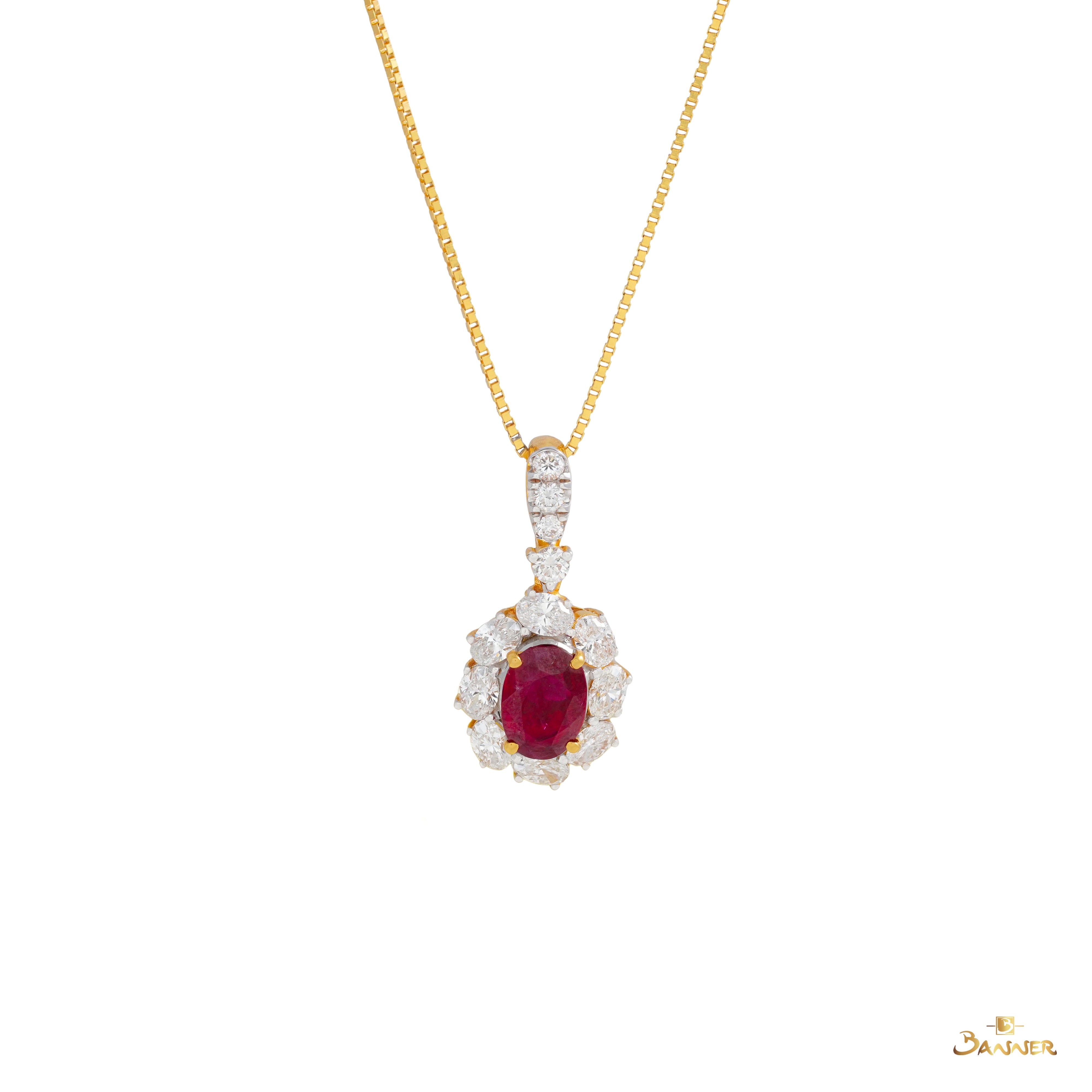 Ruby and Oval Diamond Halo Pendant