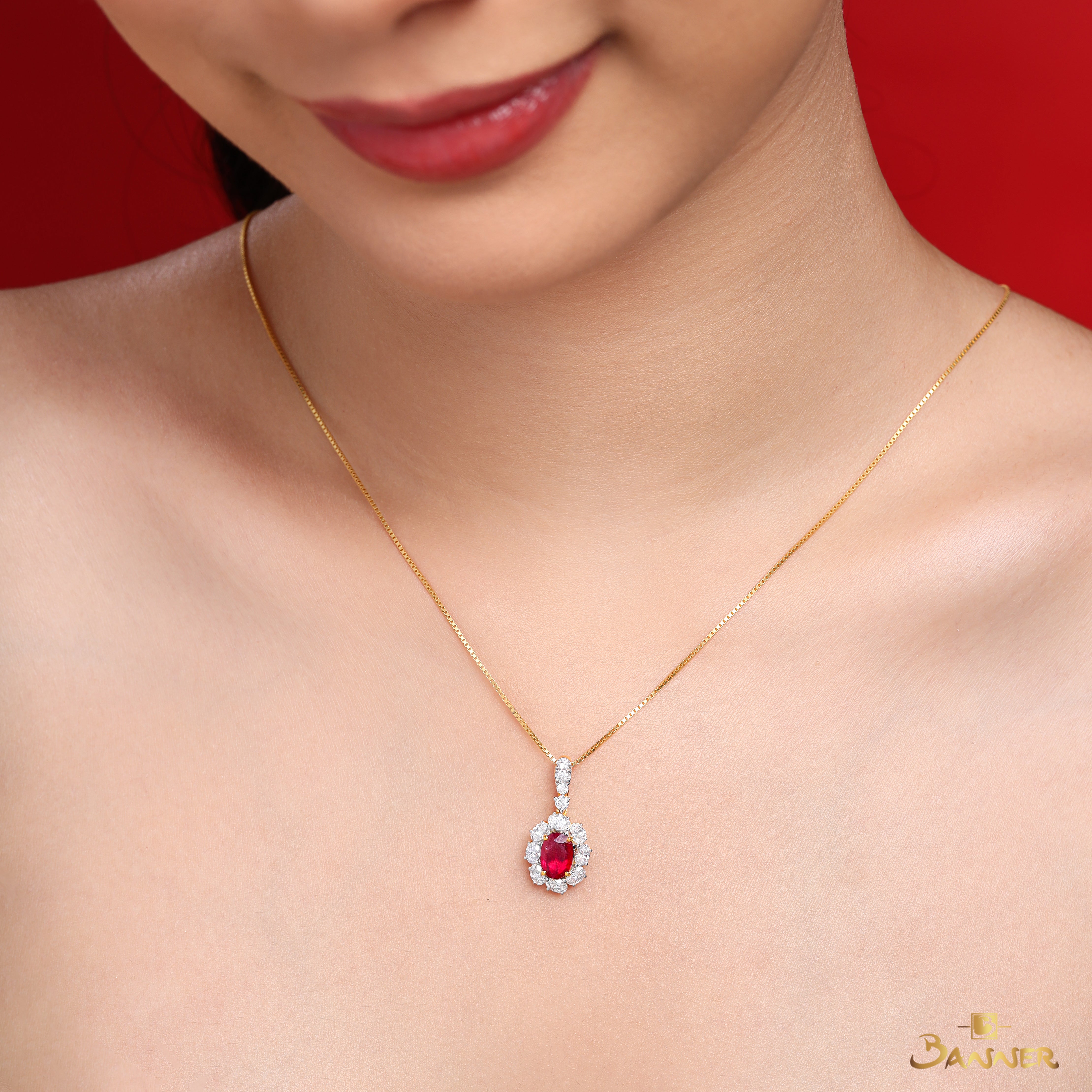 Ruby and Oval Diamond Halo Pendant