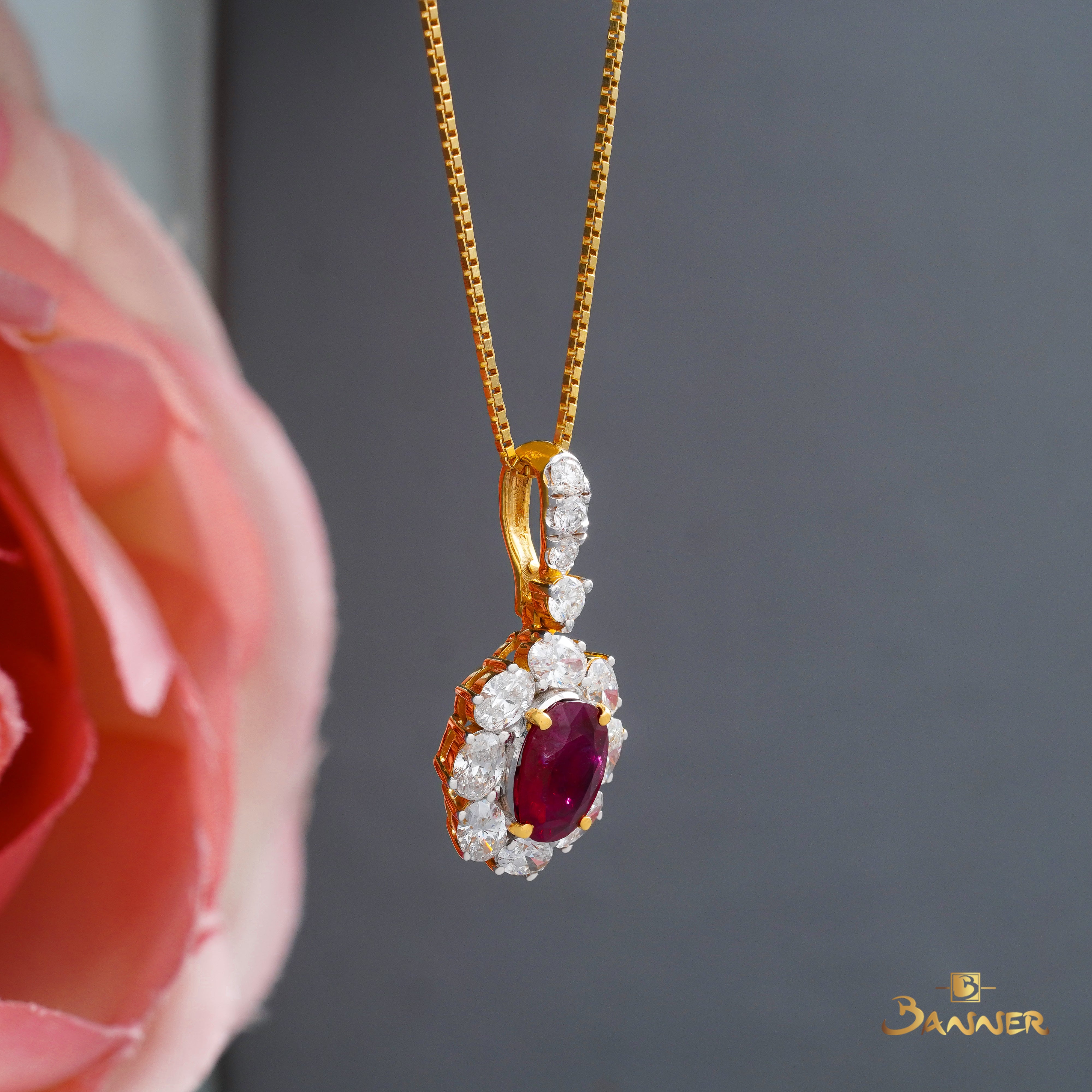 Ruby and Oval Diamond Halo Pendant
