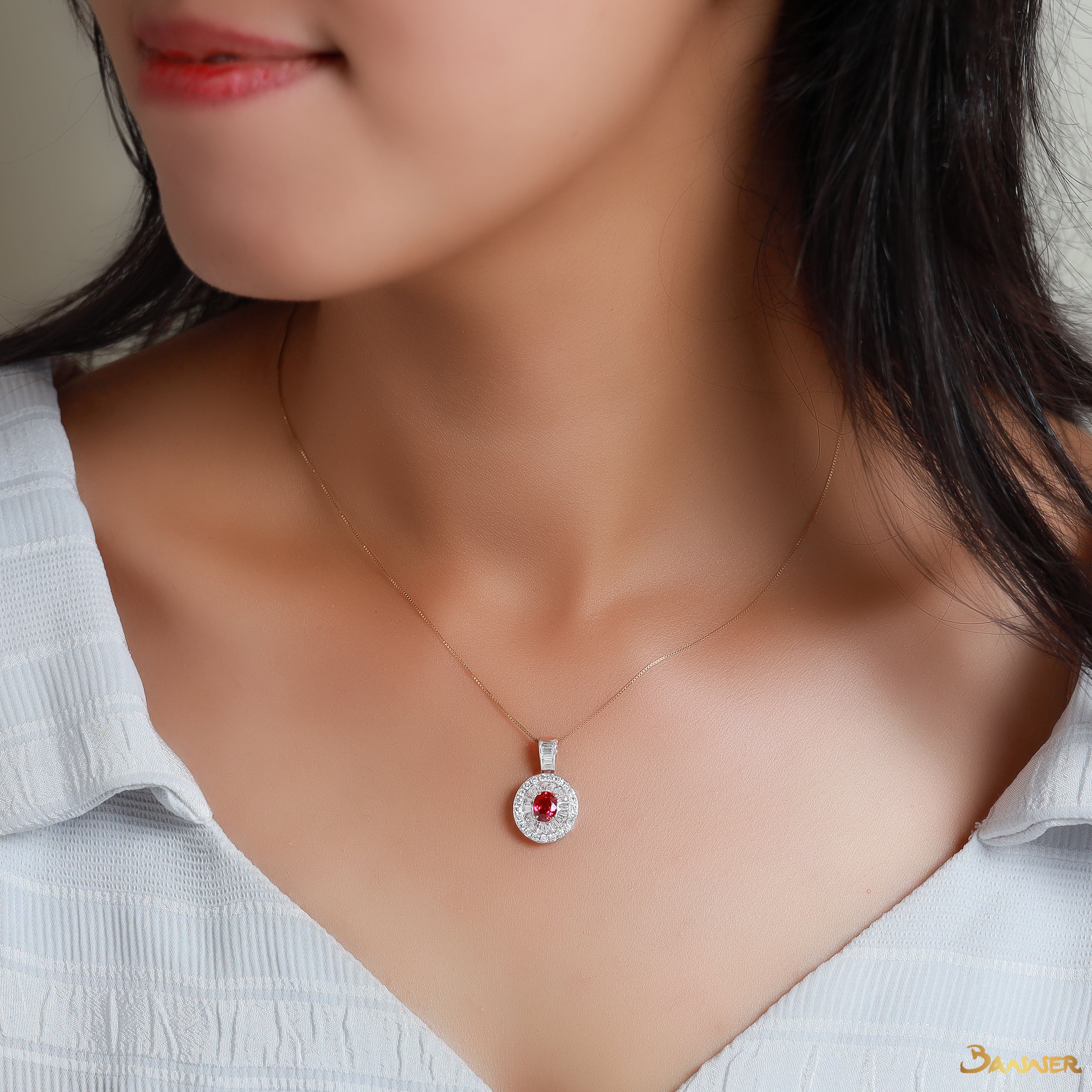 Ruby and  Baguette Diamond Double Halo Pendant