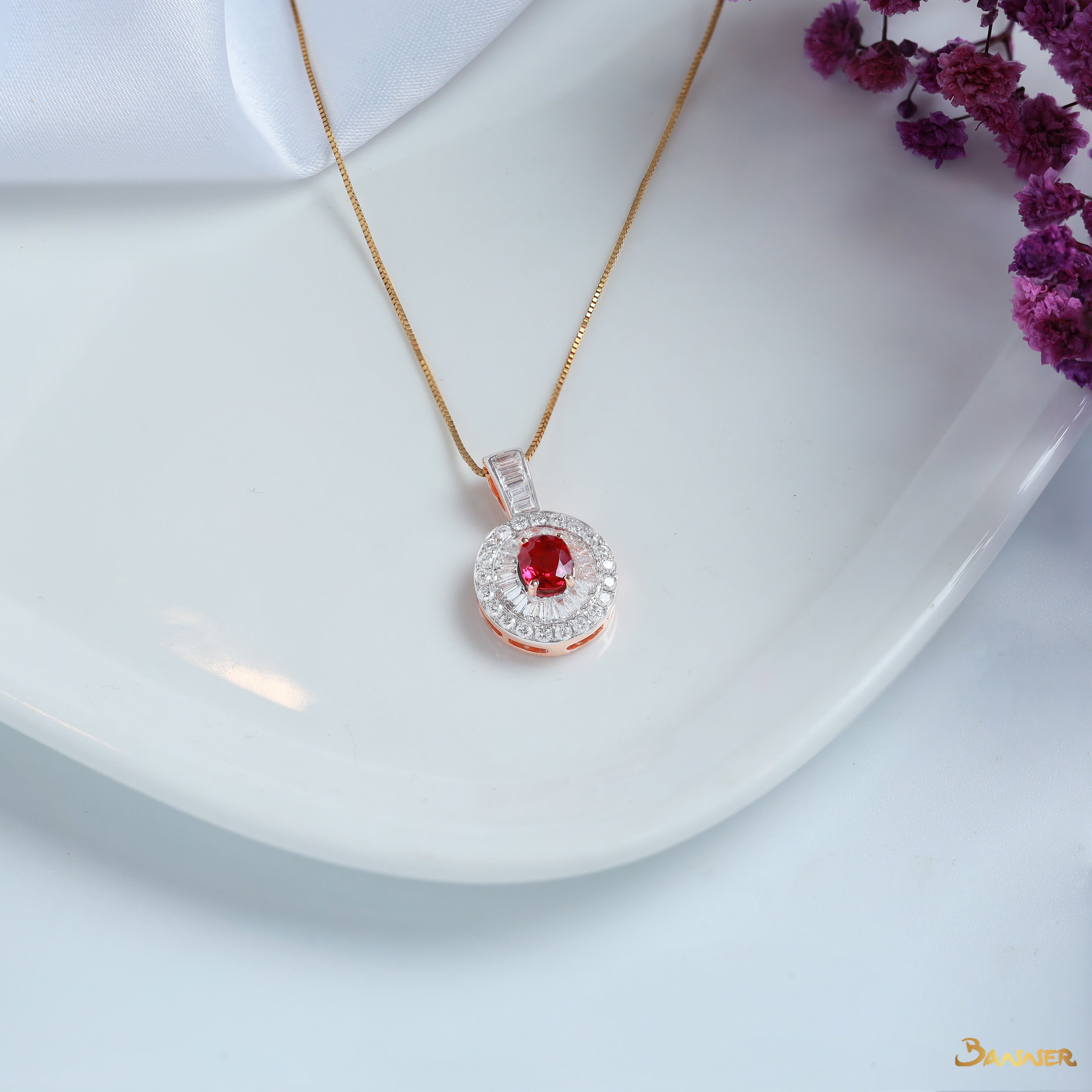 Ruby and  Baguette Diamond Double Halo Pendant