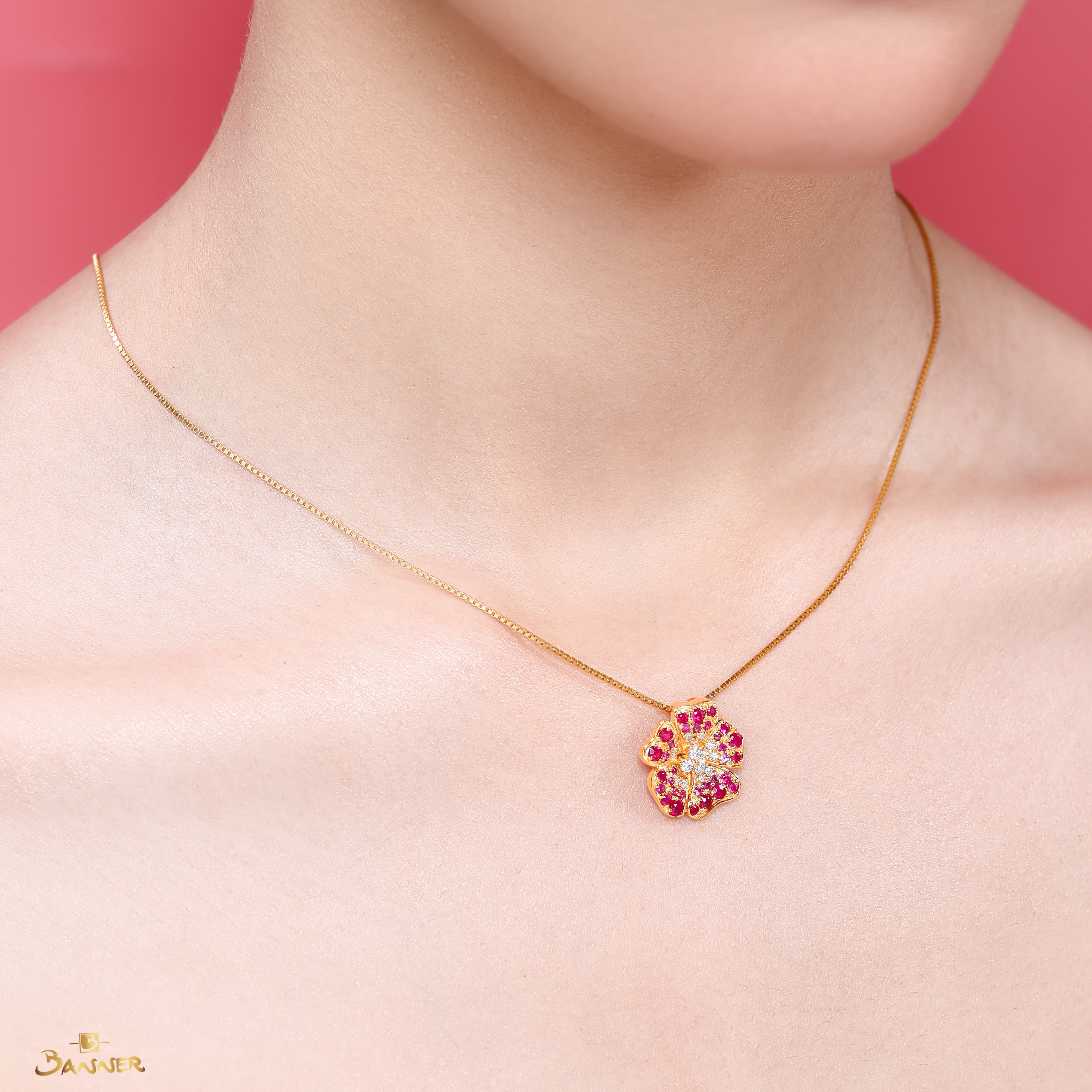 Ruby , Pink Sapphire and Diamond Clover Pendant
