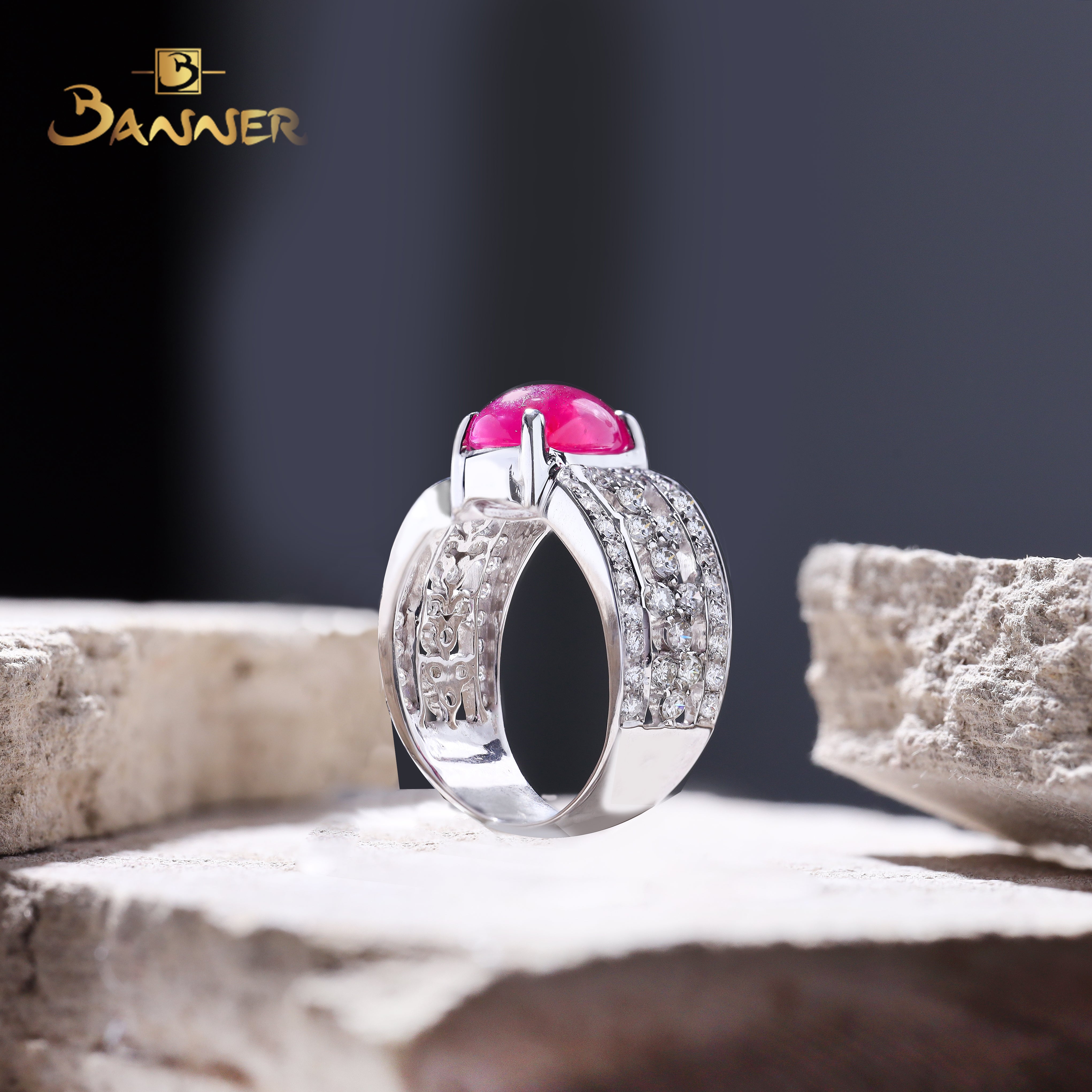 Ruby Cabochon and Diamond Men's Ring