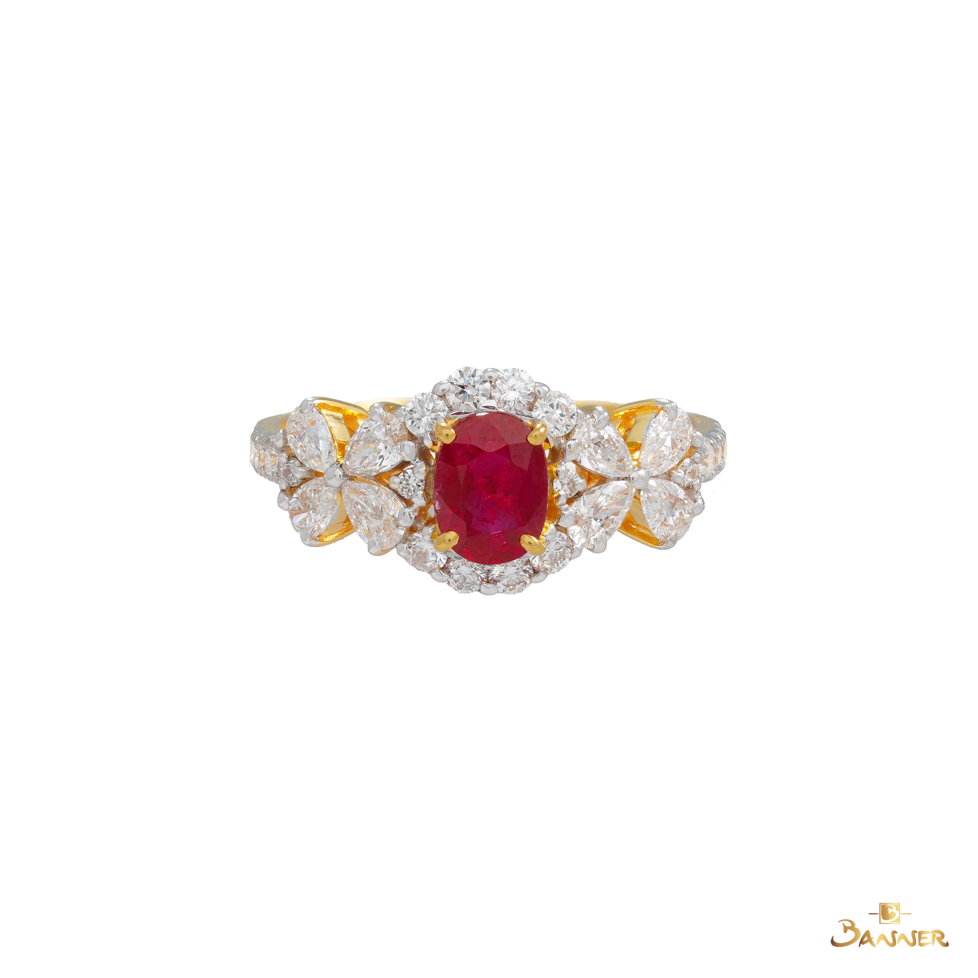 Ruby and Oval Diamond Floral Ring