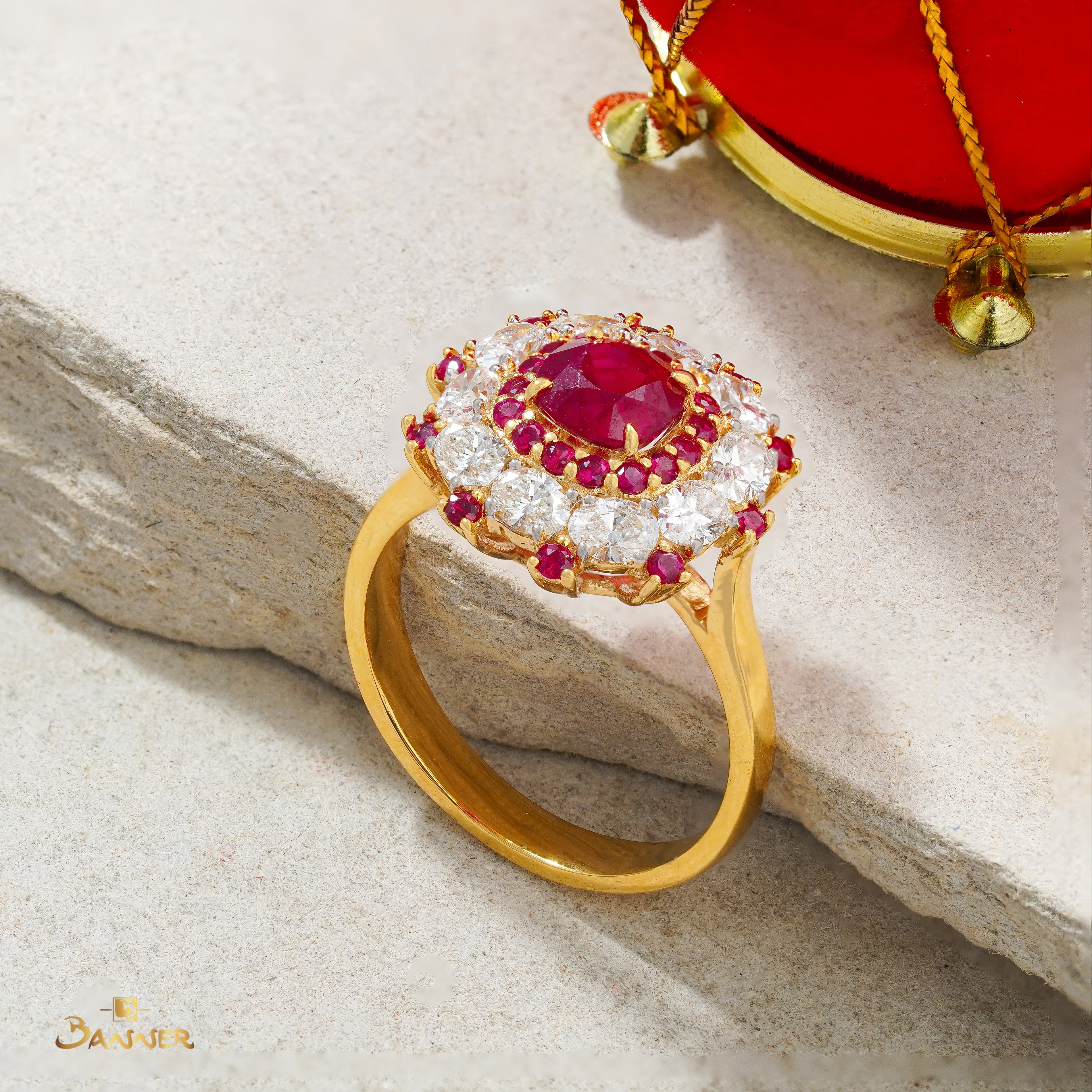 Ruby and Oval Diamond Halo Ring