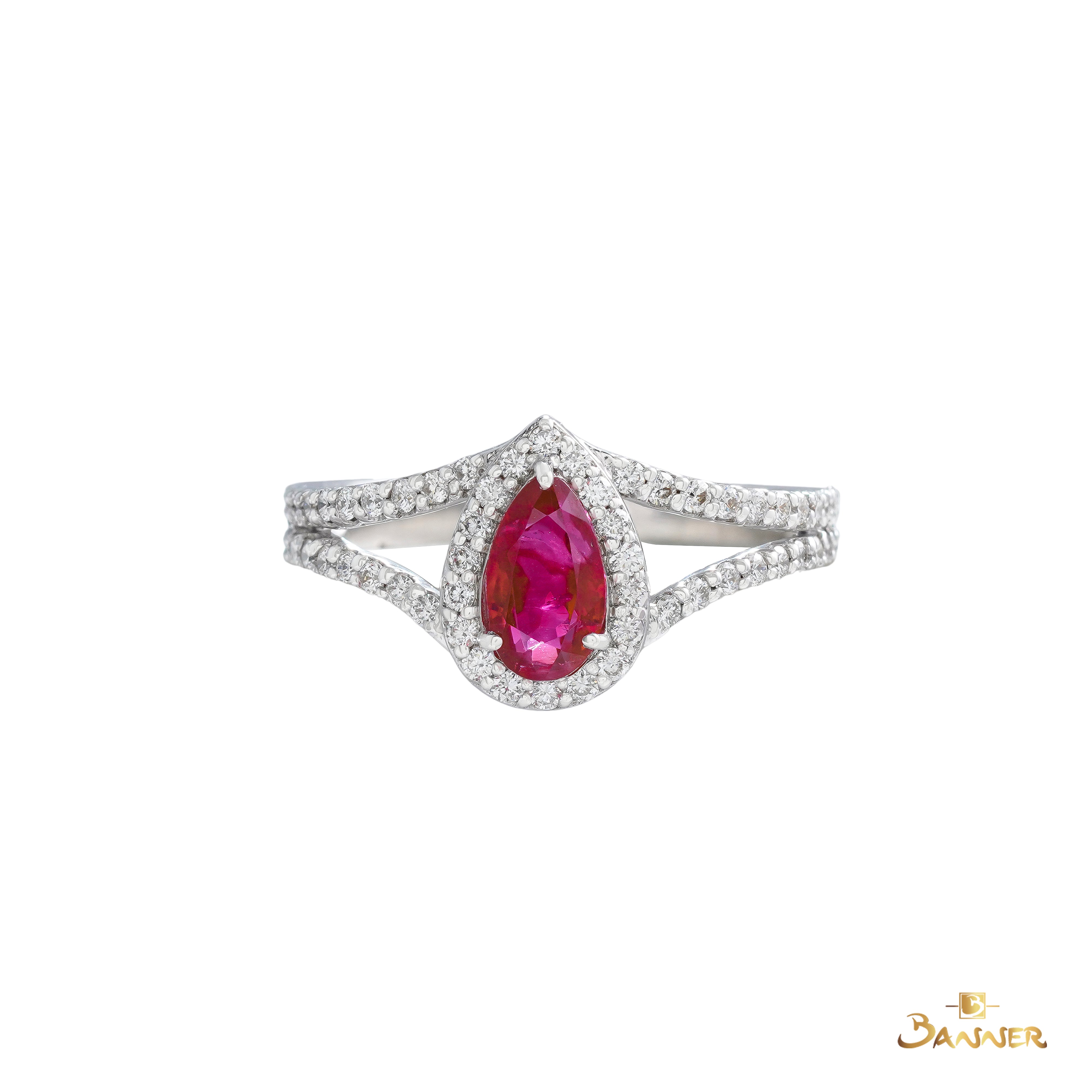 Ruby and Diamond Rain-drop Halo Ring