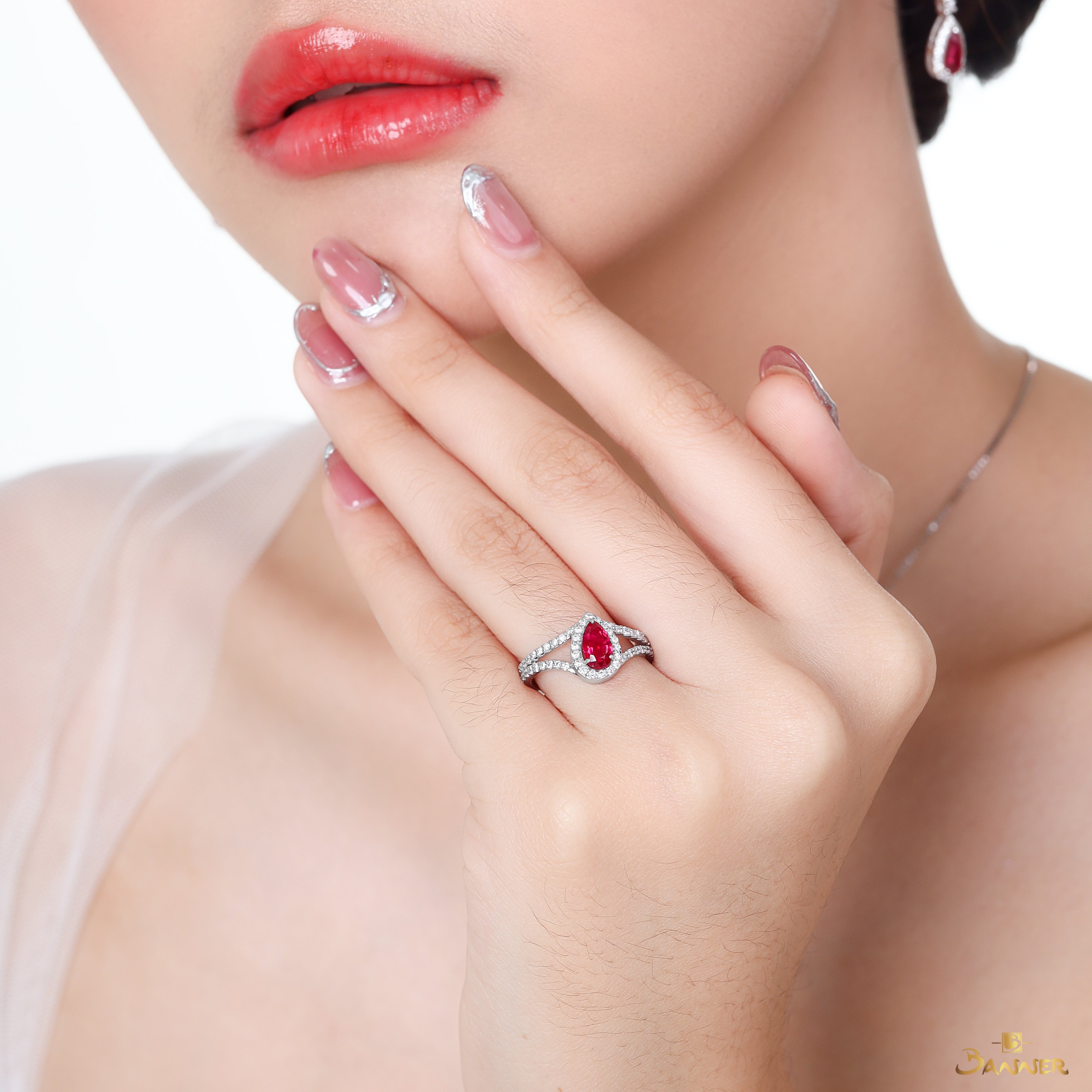 Ruby and Diamond Rain-drop Halo Ring