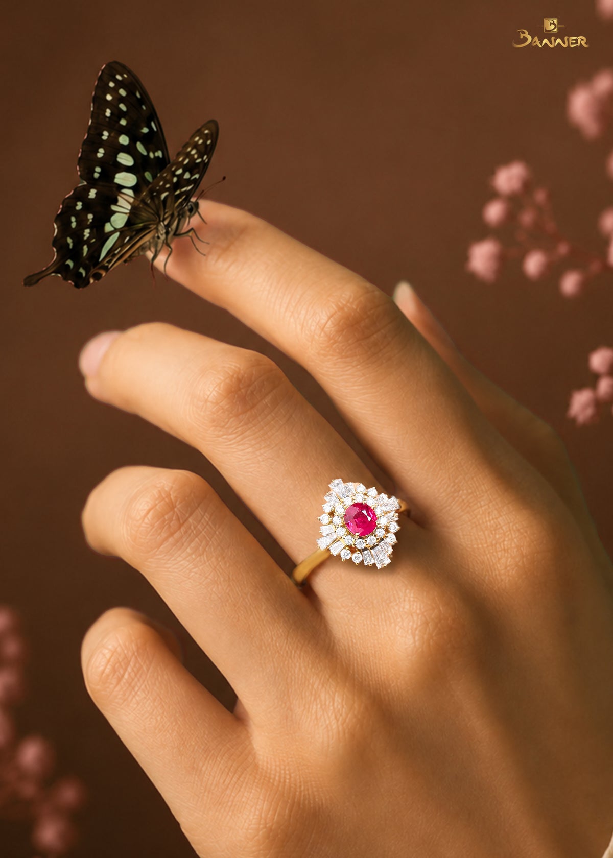 Ruby and Baguette Diamond Starburst Ring