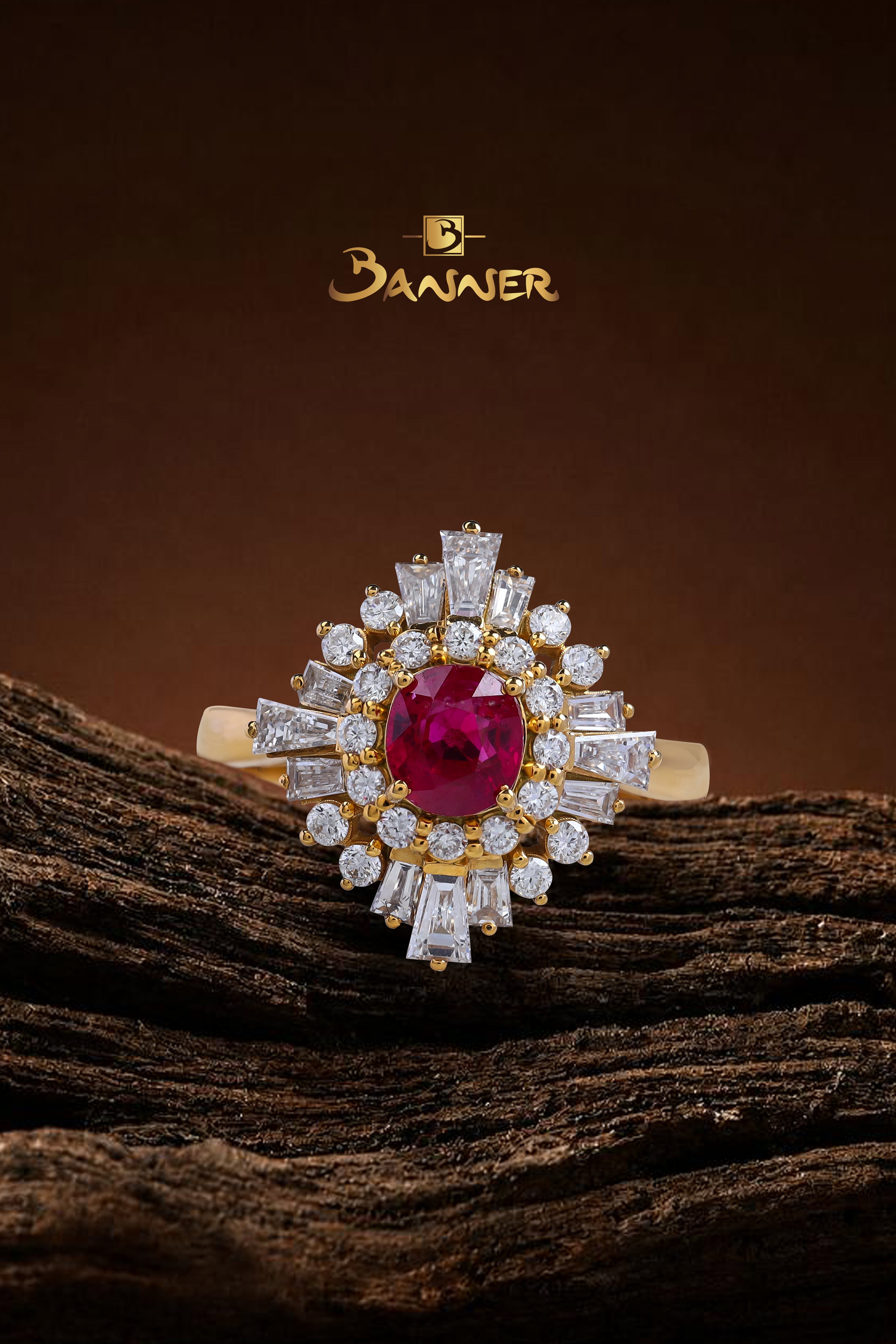 Ruby and Baguette Diamond Starburst Ring