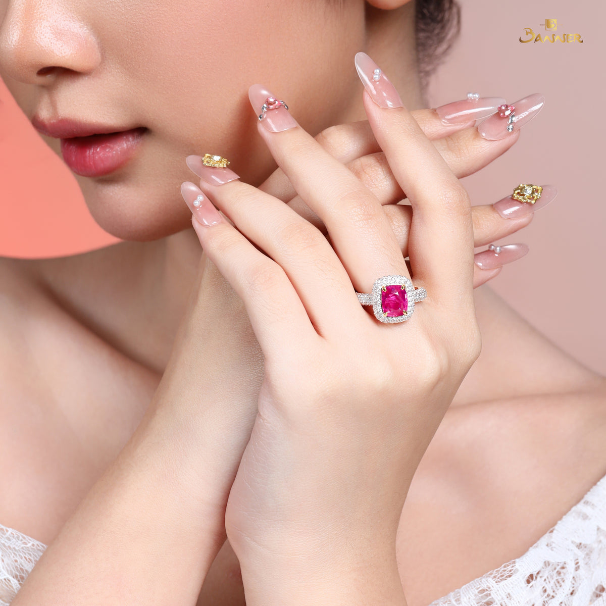 Natutral Mogok Ruby and Diamond Triple Halo Ring