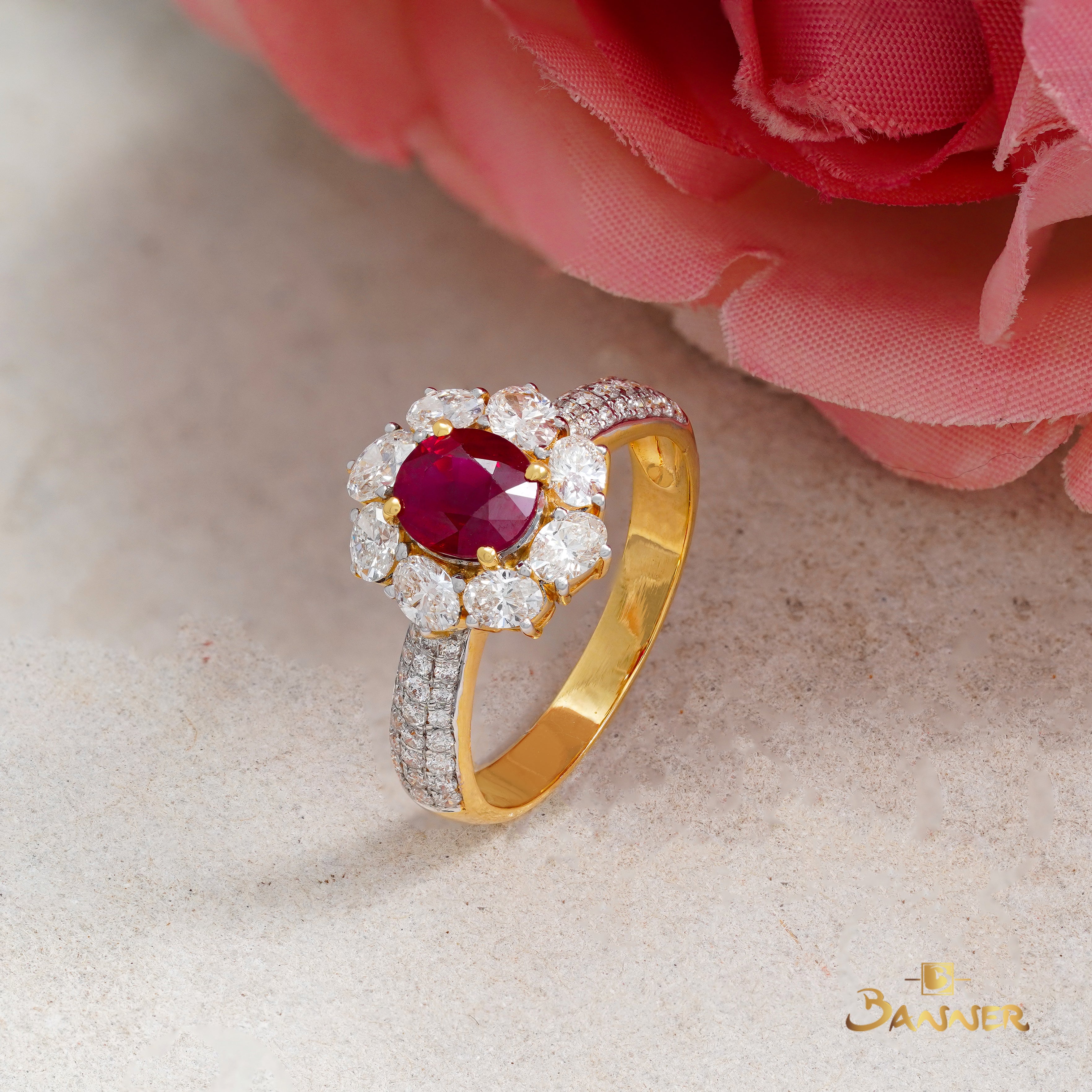 Ruby and Oval Diamond Halo Ring