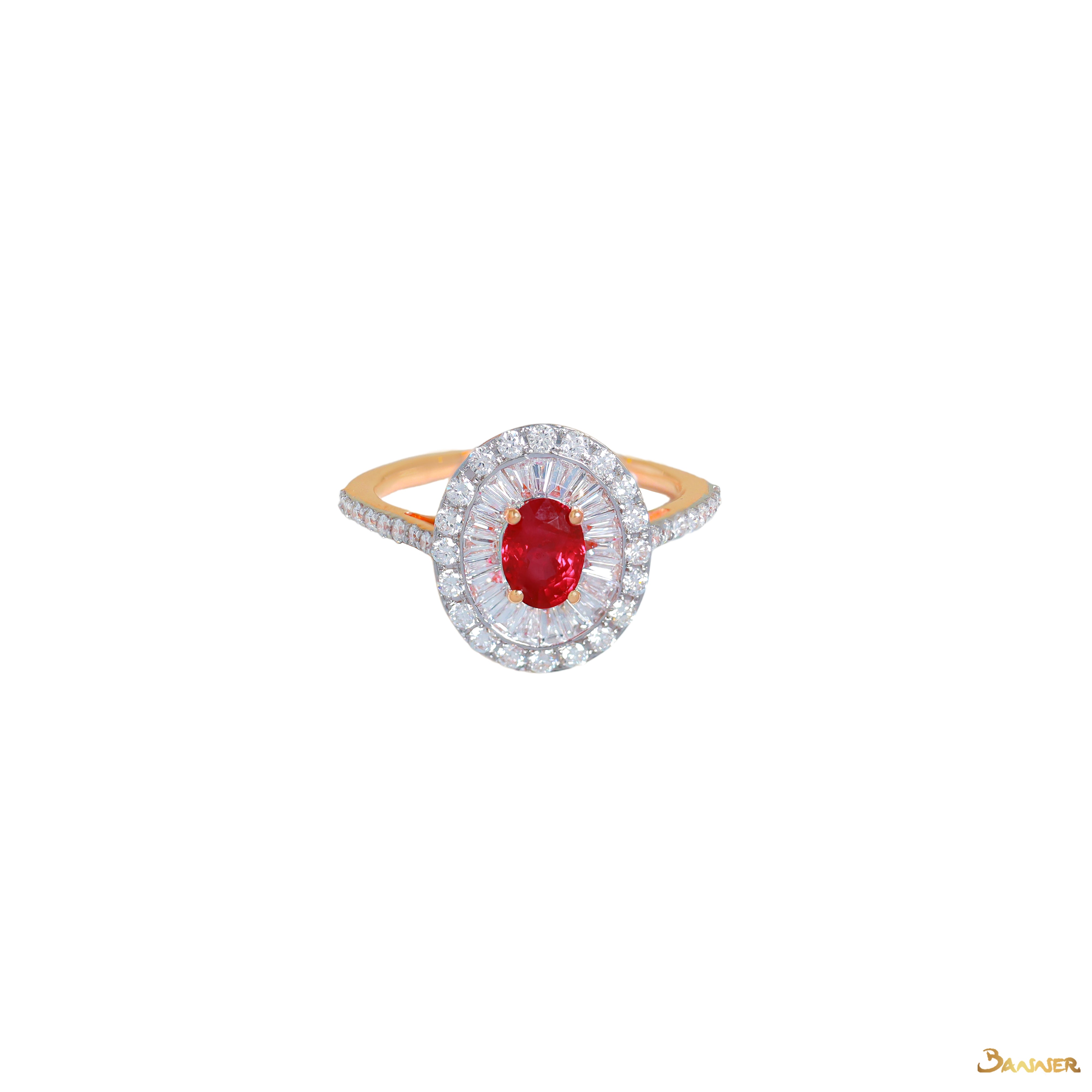 Ruby and Baguette Diamond Double Halo Ring