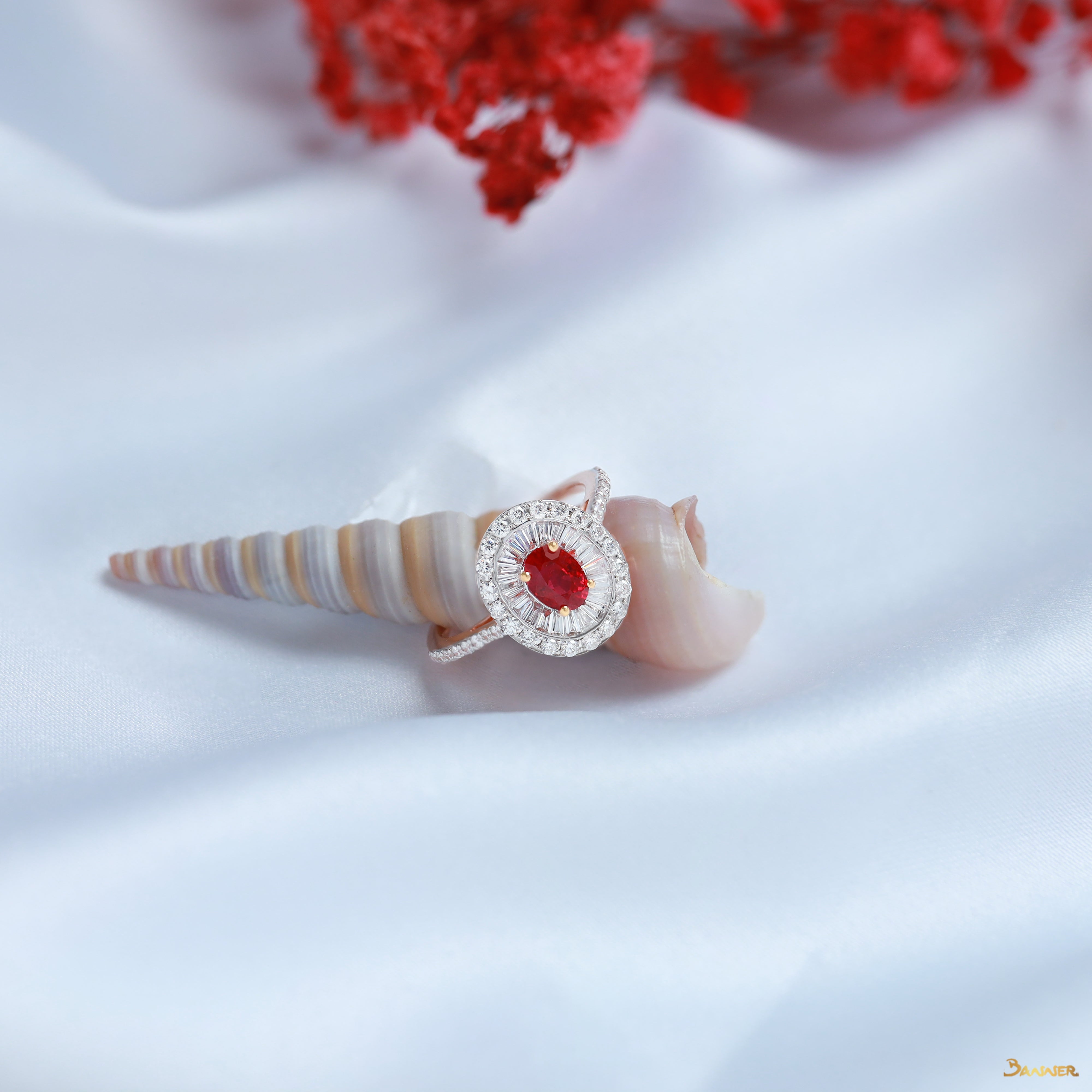 Ruby and Baguette Diamond Double Halo Ring