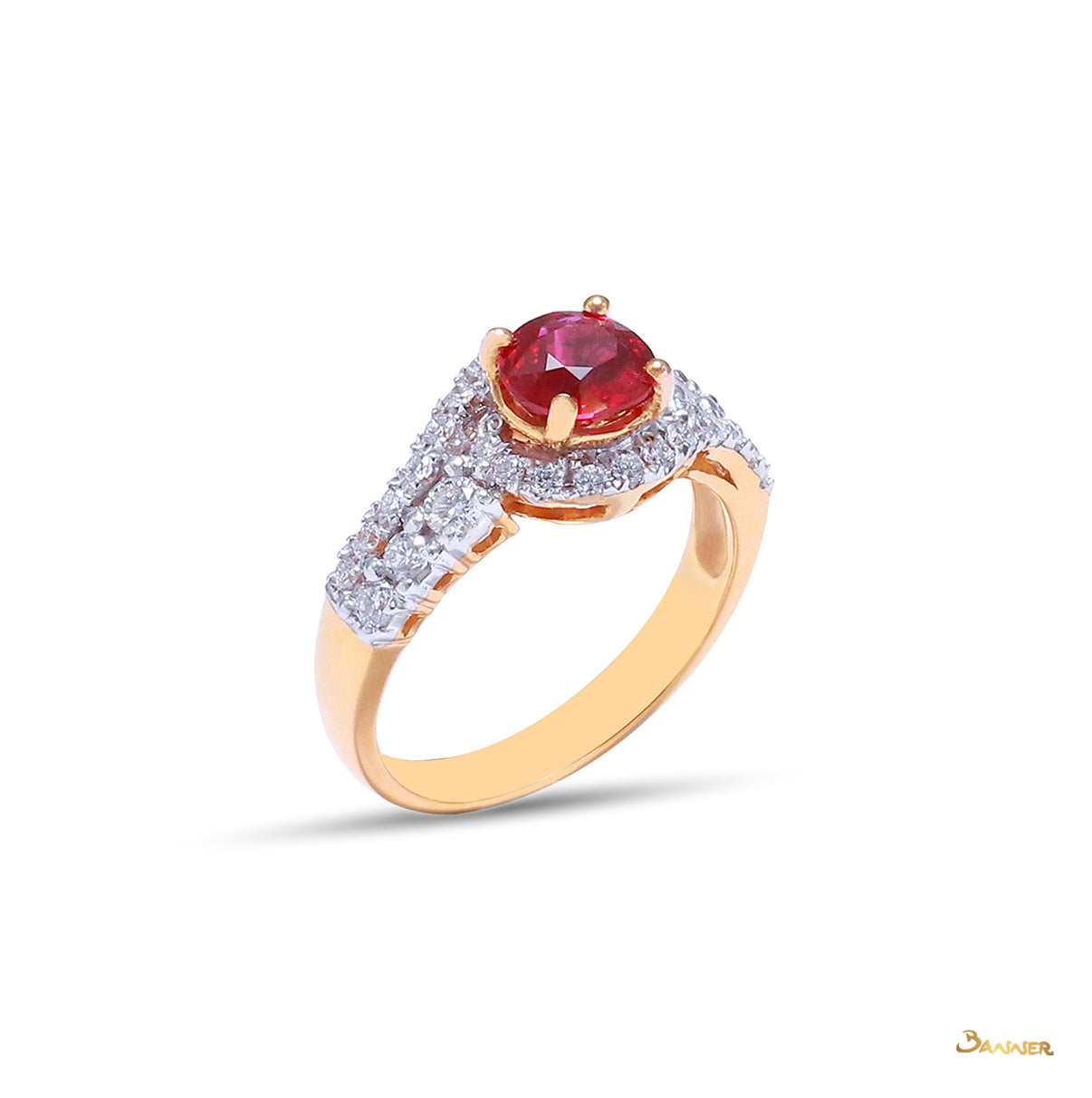 Natural Ruby and Diamond Bypass Halo Ring