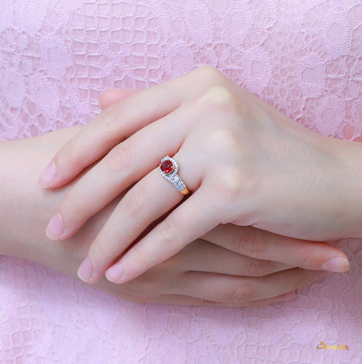Natural Ruby and Diamond Bypass Halo Ring