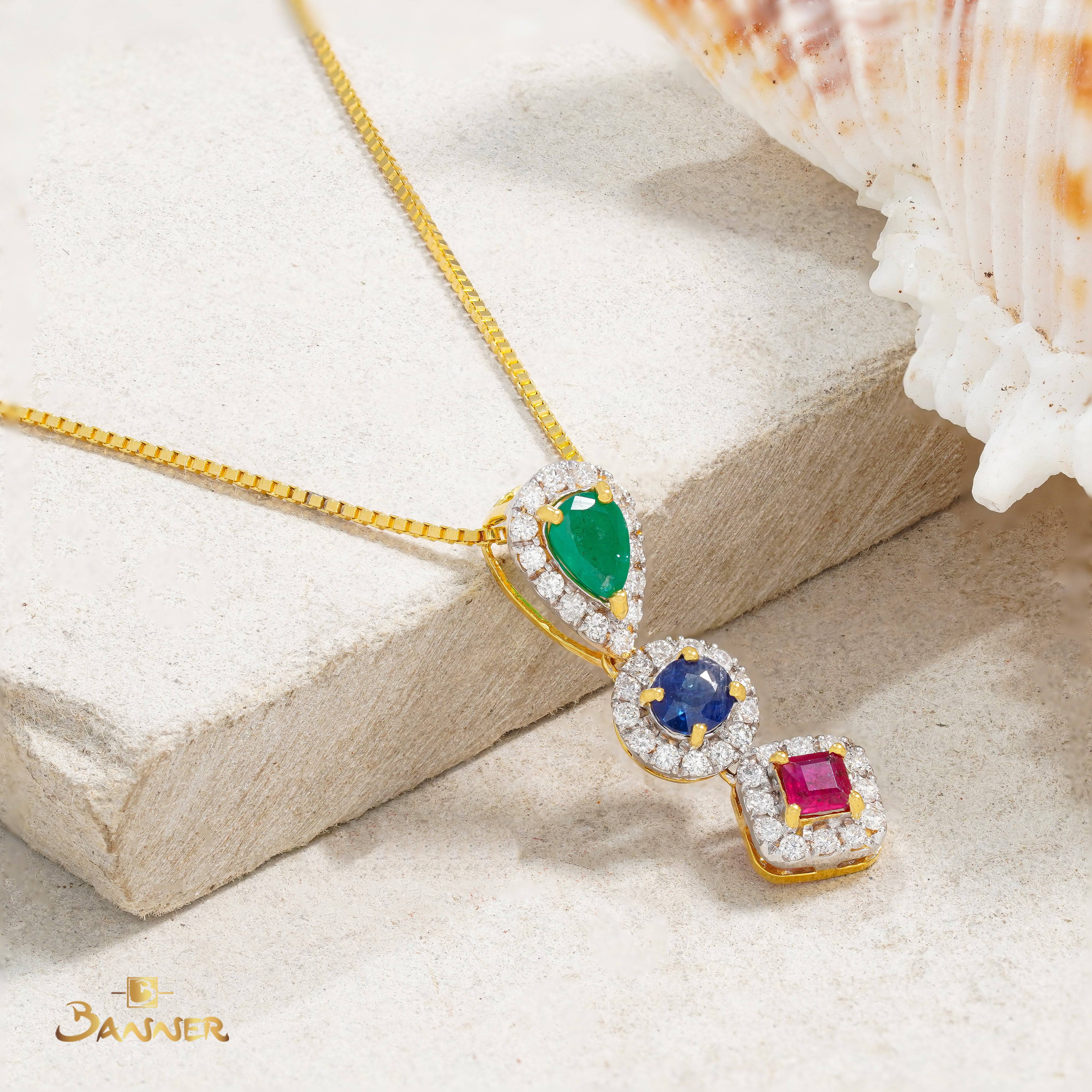 Ruby, Sapphire, Emerald and Diamond Halo Dangle Pendant