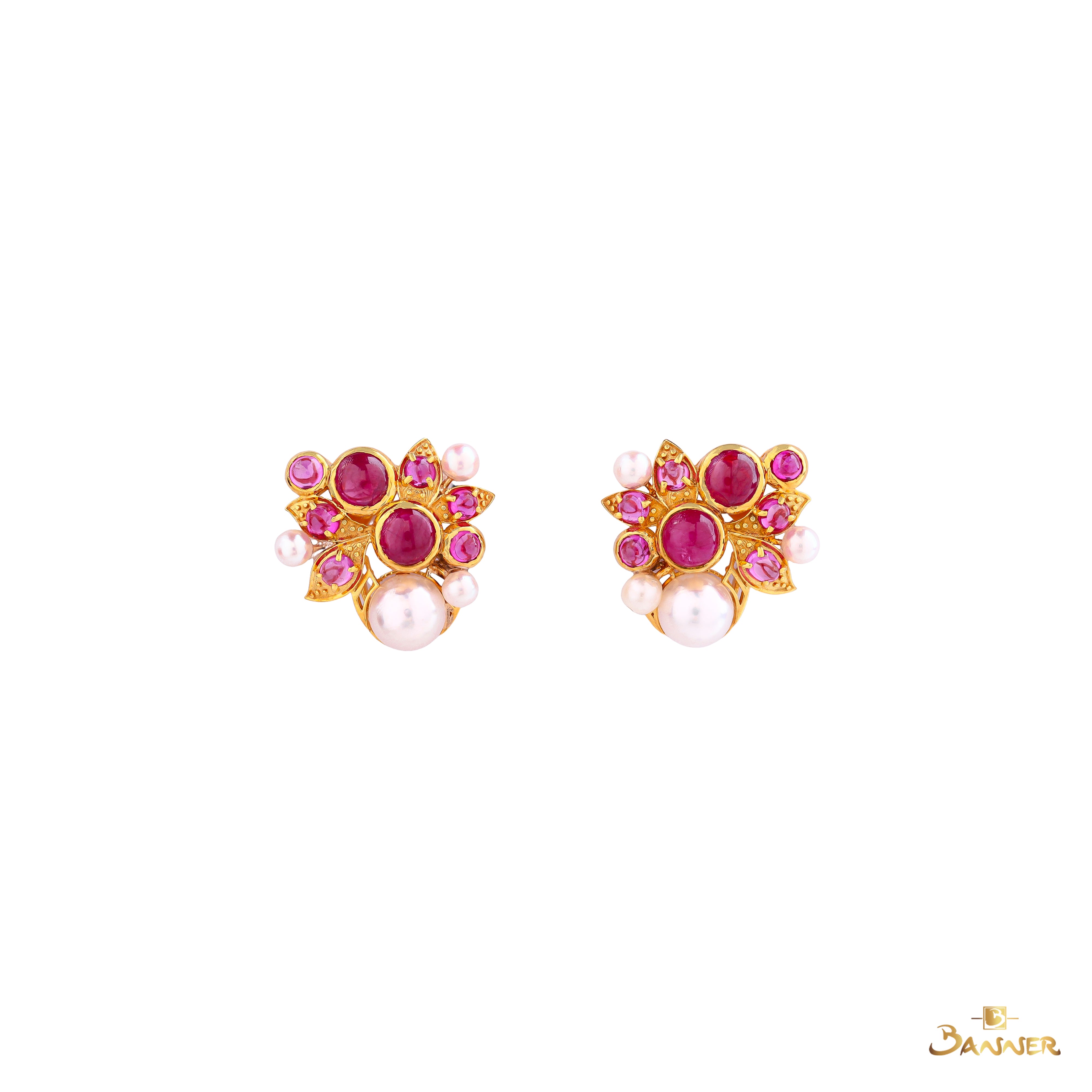 Ruby Cabochon and Pearl Hydrangea Earrings