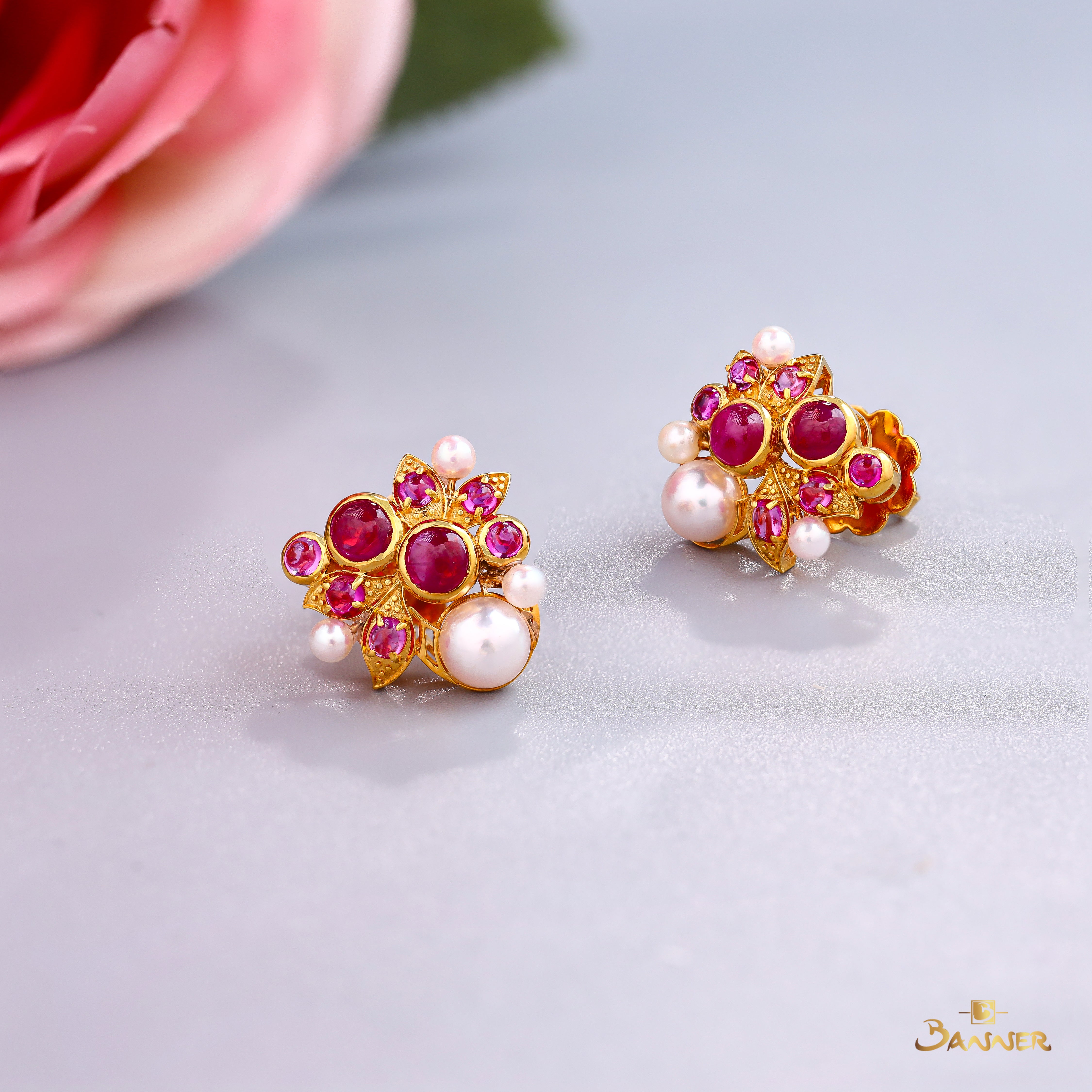 Ruby Cabochon and Pearl Hydrangea Earrings