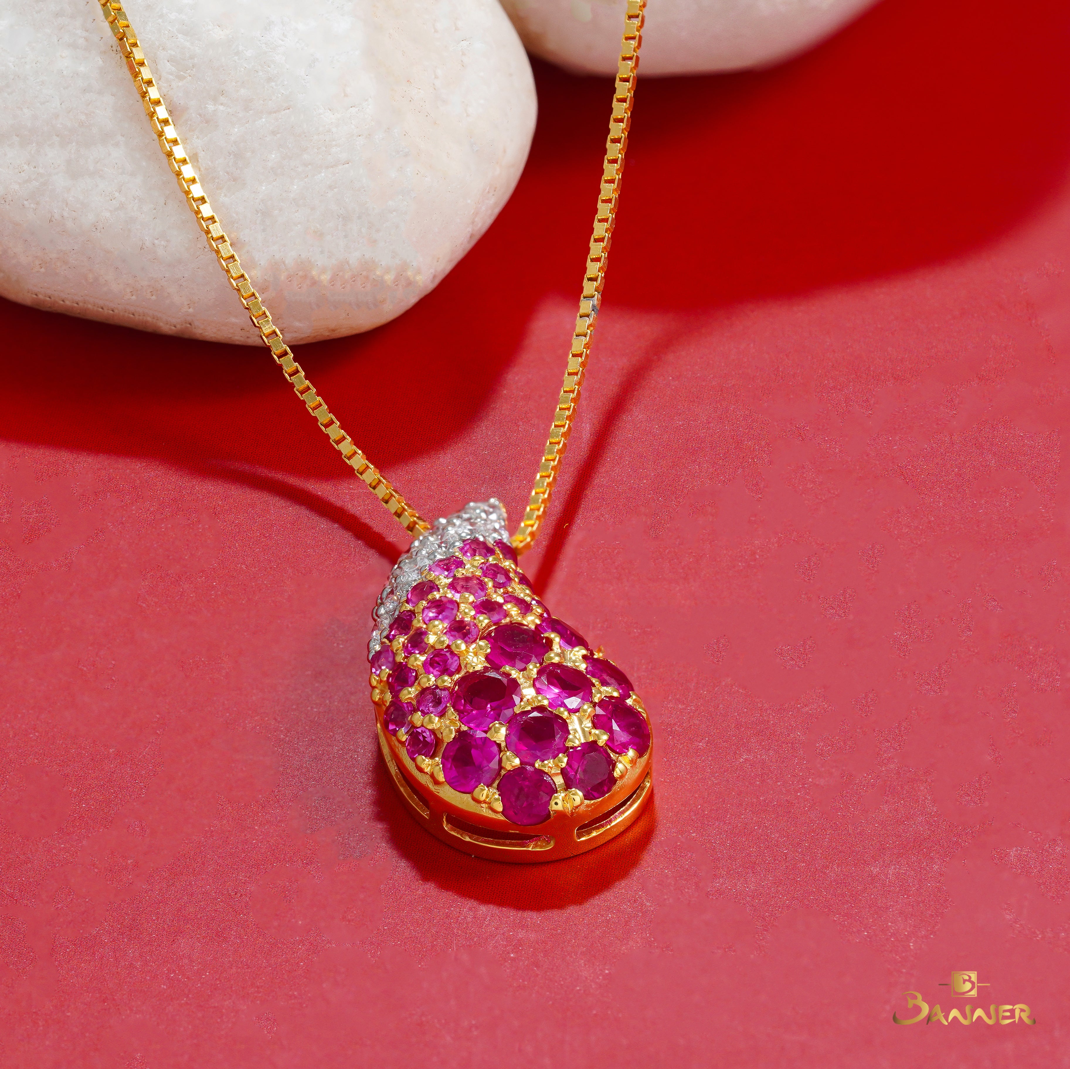 Ruby,Pink Sapphire and Diamond Drop Pendant