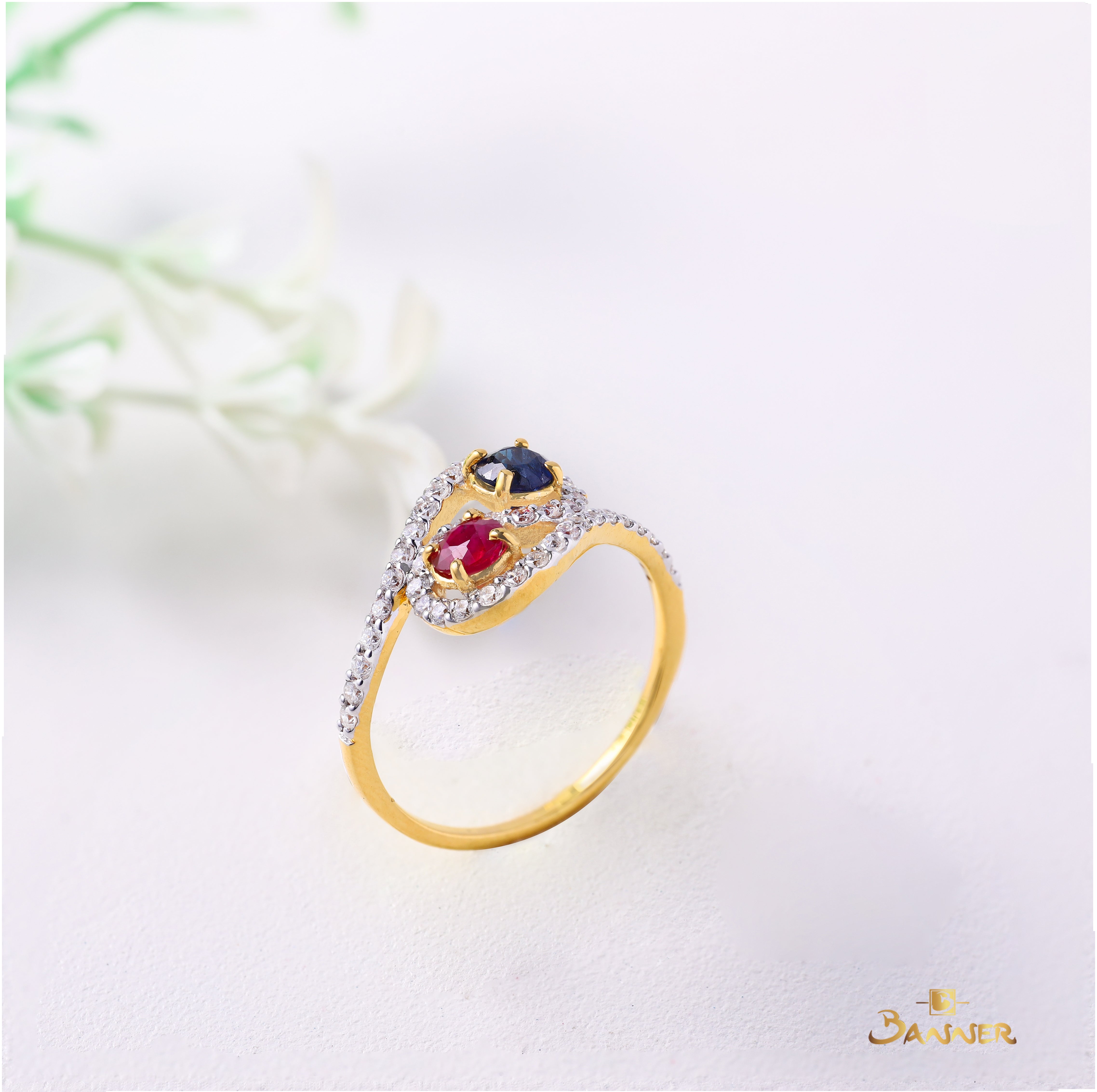 Ruby , Sapphire and Diamond Halo Bypass Ring