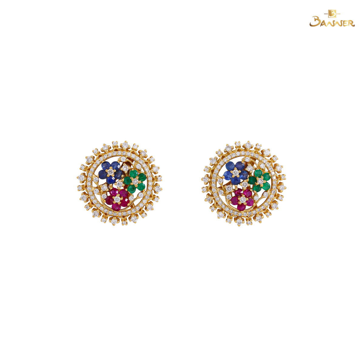 Ruby,Sapphire,Emerald and Diamond Dandelion Earrings