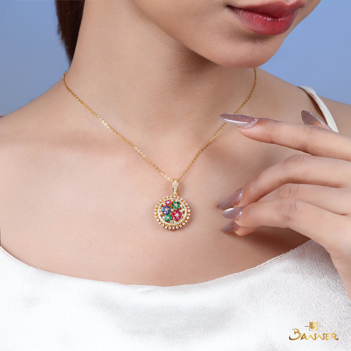 Ruby,Sapphire,Emerald and Diamond Family Garden Pendant