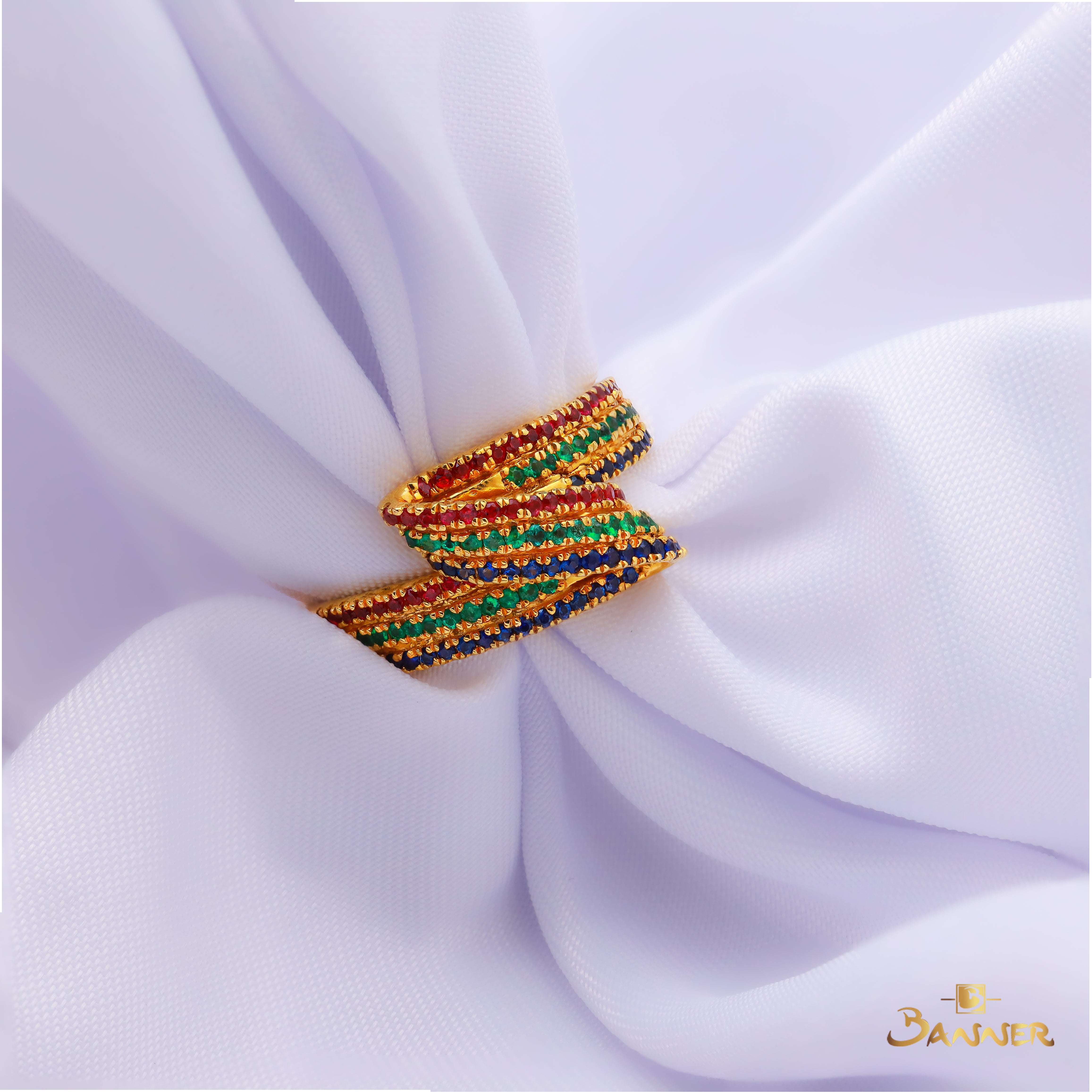 Ruby , Sapphire and Emerald Twist Ring