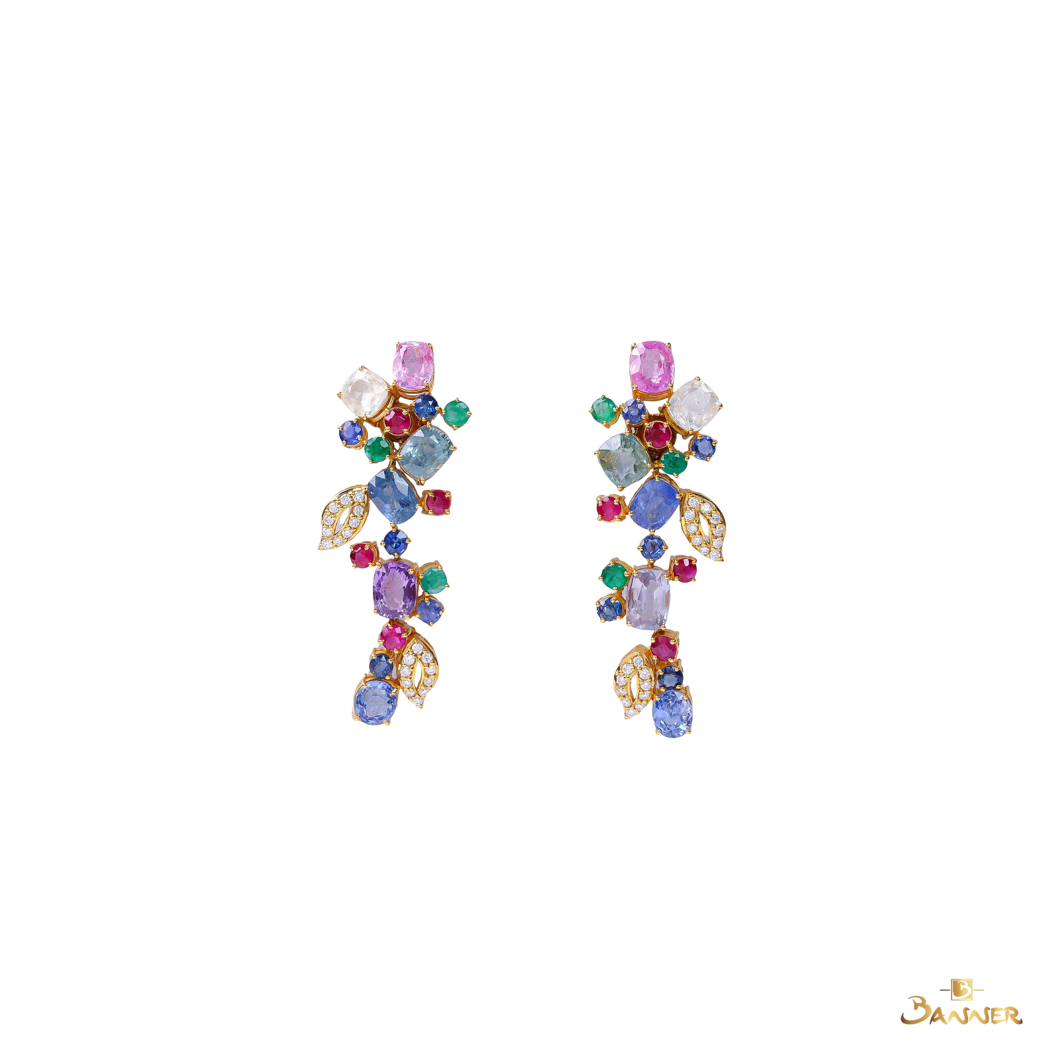 Ruby,Sapphire,Emerald,Multi-colored Sapphire and Diamond Floral Vine Earrings