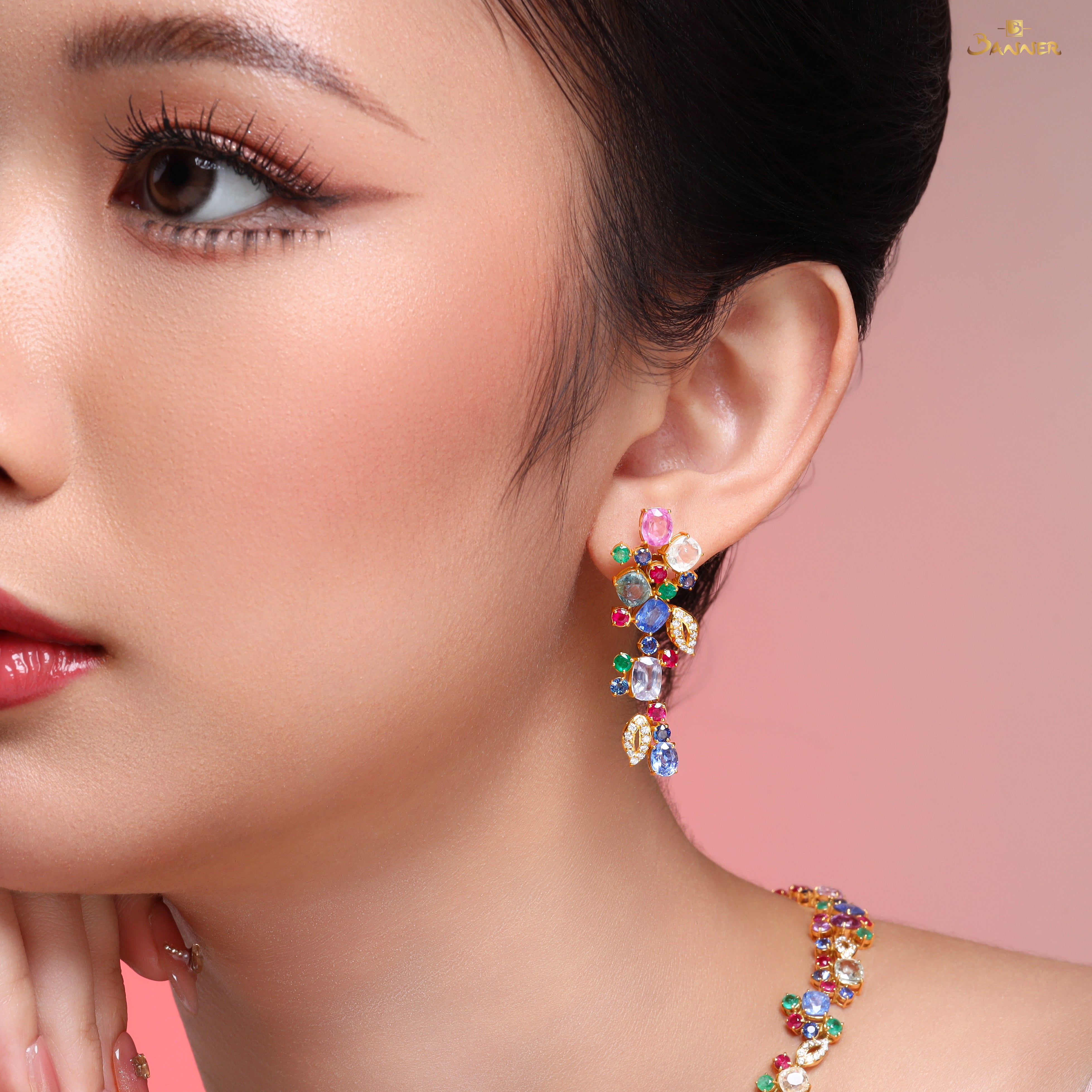 Ruby,Sapphire,Emerald,Multi-colored Sapphire and Diamond Floral Vine Earrings