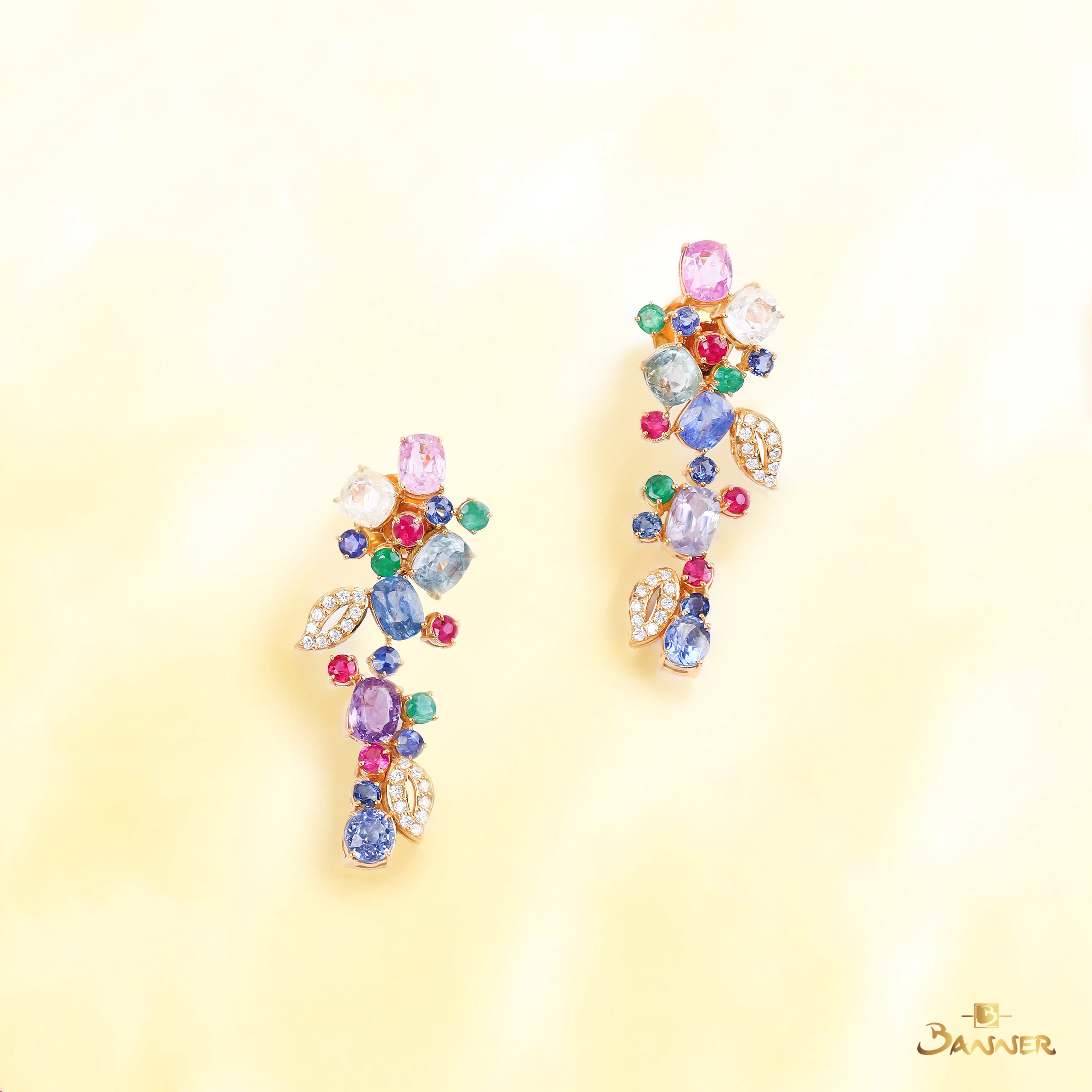 Ruby,Sapphire,Emerald,Multi-colored Sapphire and Diamond Floral Vine Earrings