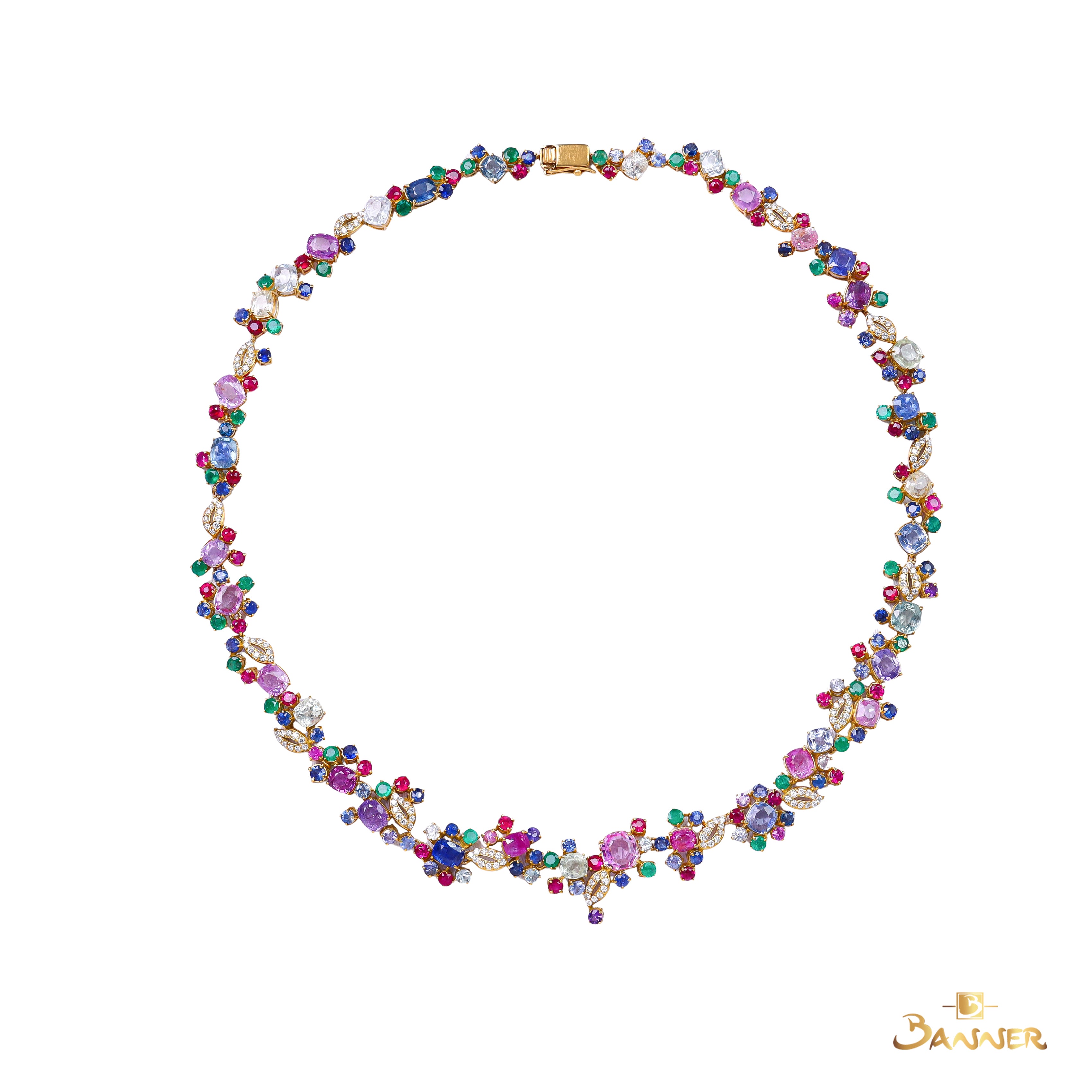 Ruby,Sapphire,Emerald,Multi-colored Sapphire and Diamond Floral Vine Necklace