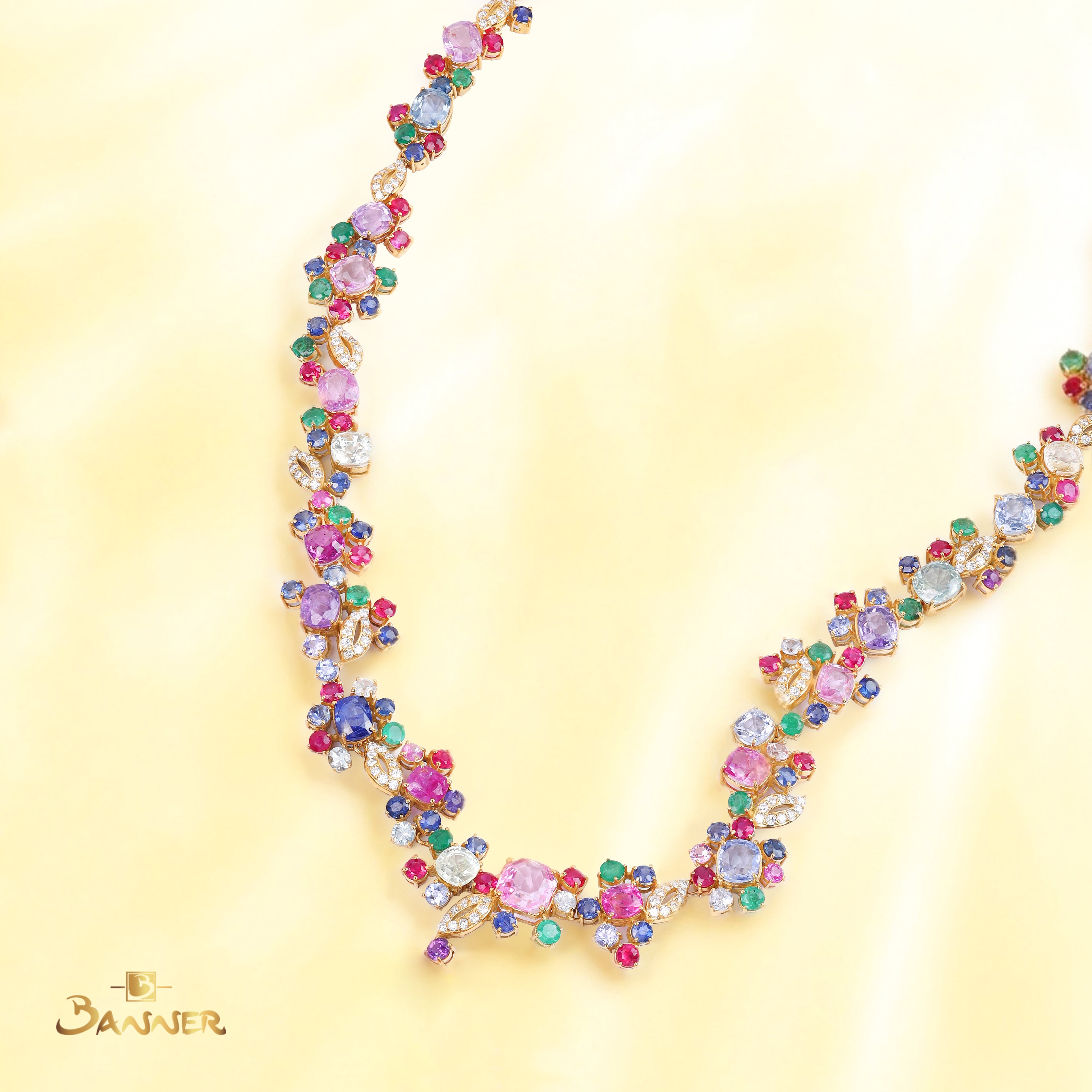 Ruby,Sapphire,Emerald,Multi-colored Sapphire and Diamond Floral Vine Necklace