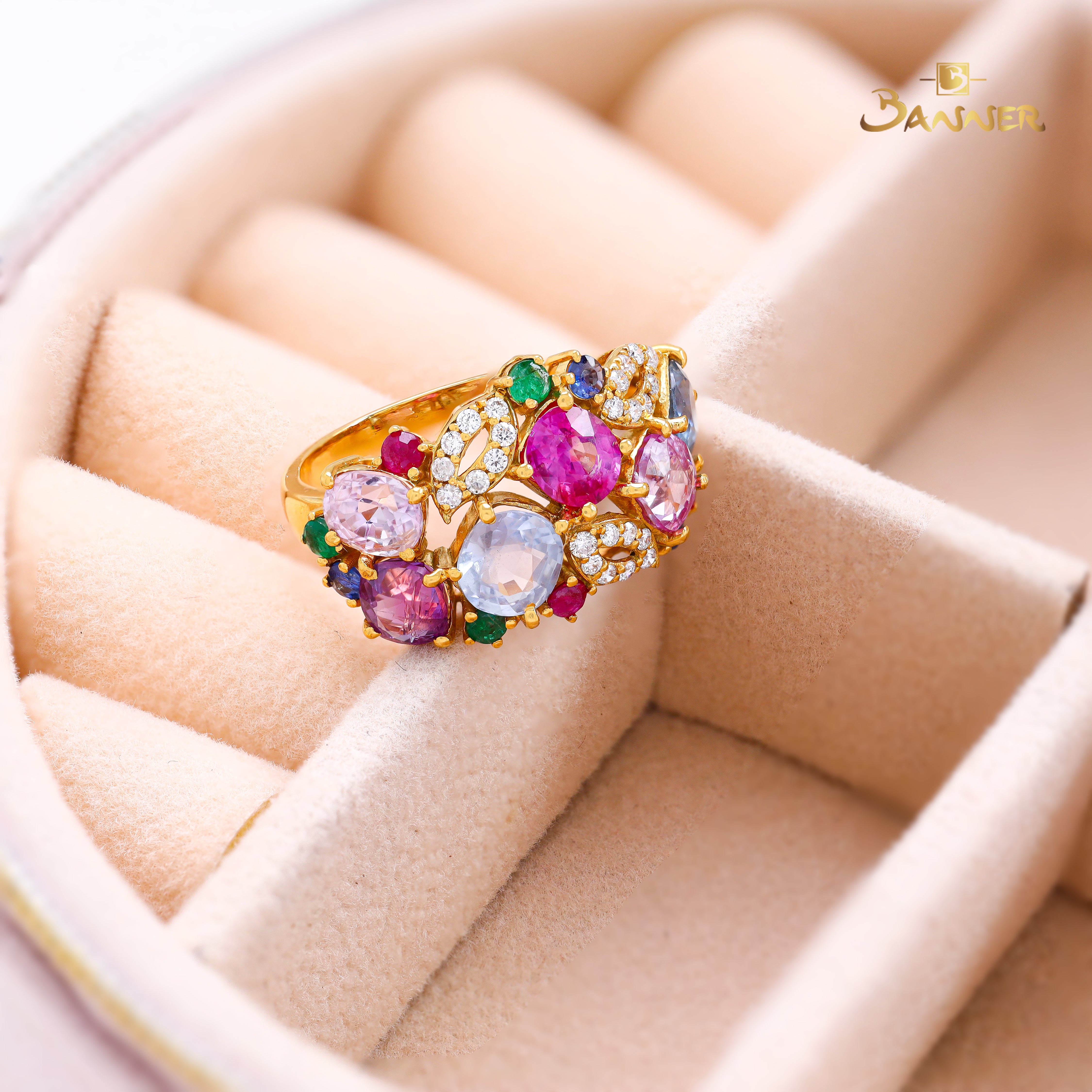 Ruby,Sapphire,Emerald,Multi-colored Sapphire and Diamond Floral Vine Ring