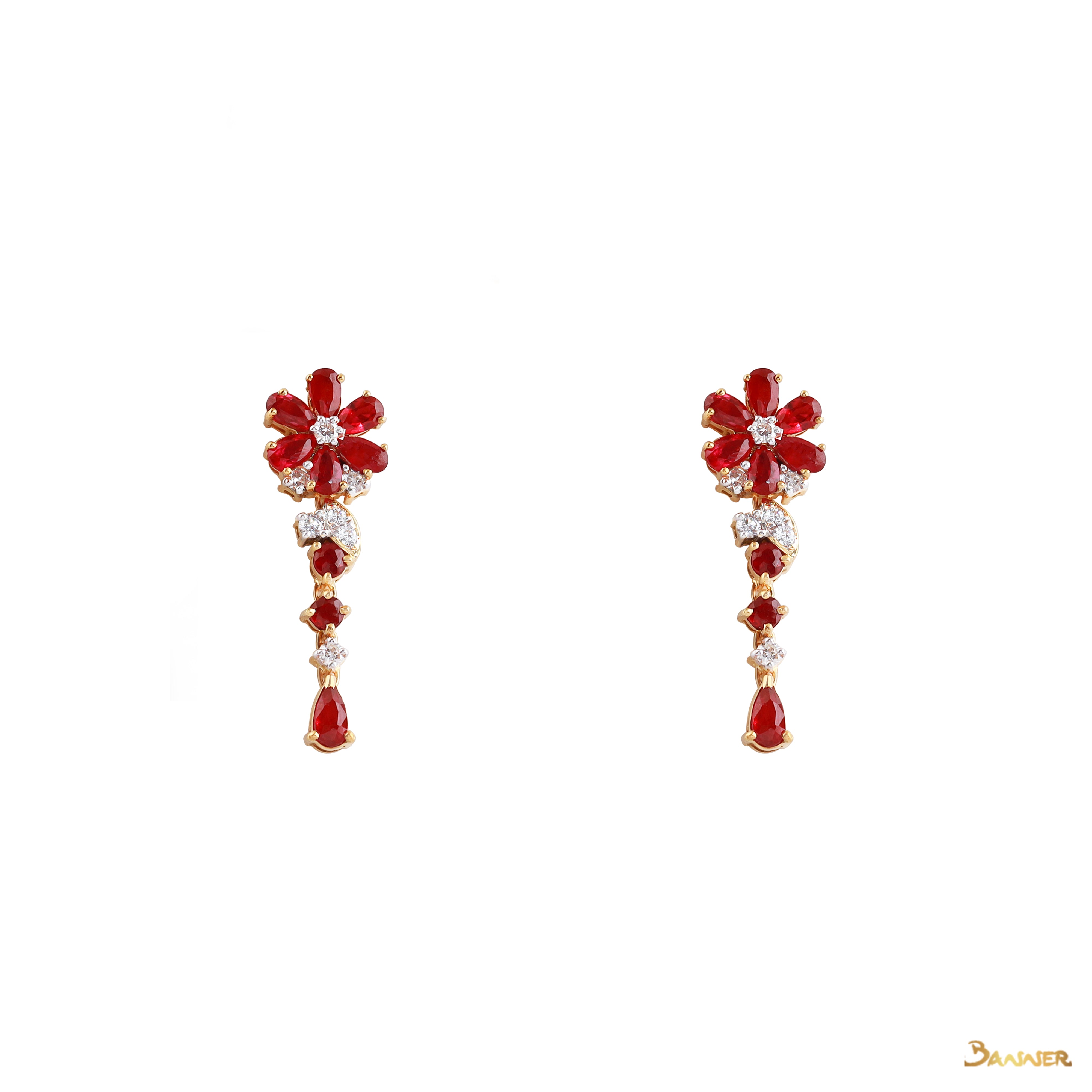 Ruby and Diamond Floral Dangle Earrings