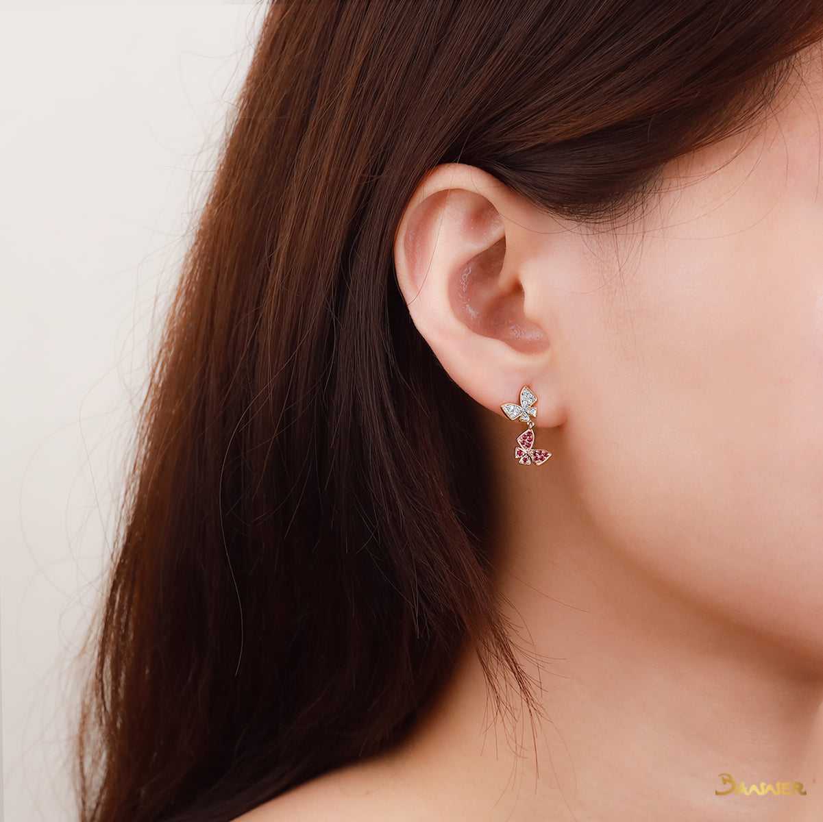 Ruby and Diamond Butterfly Dangle Earrings