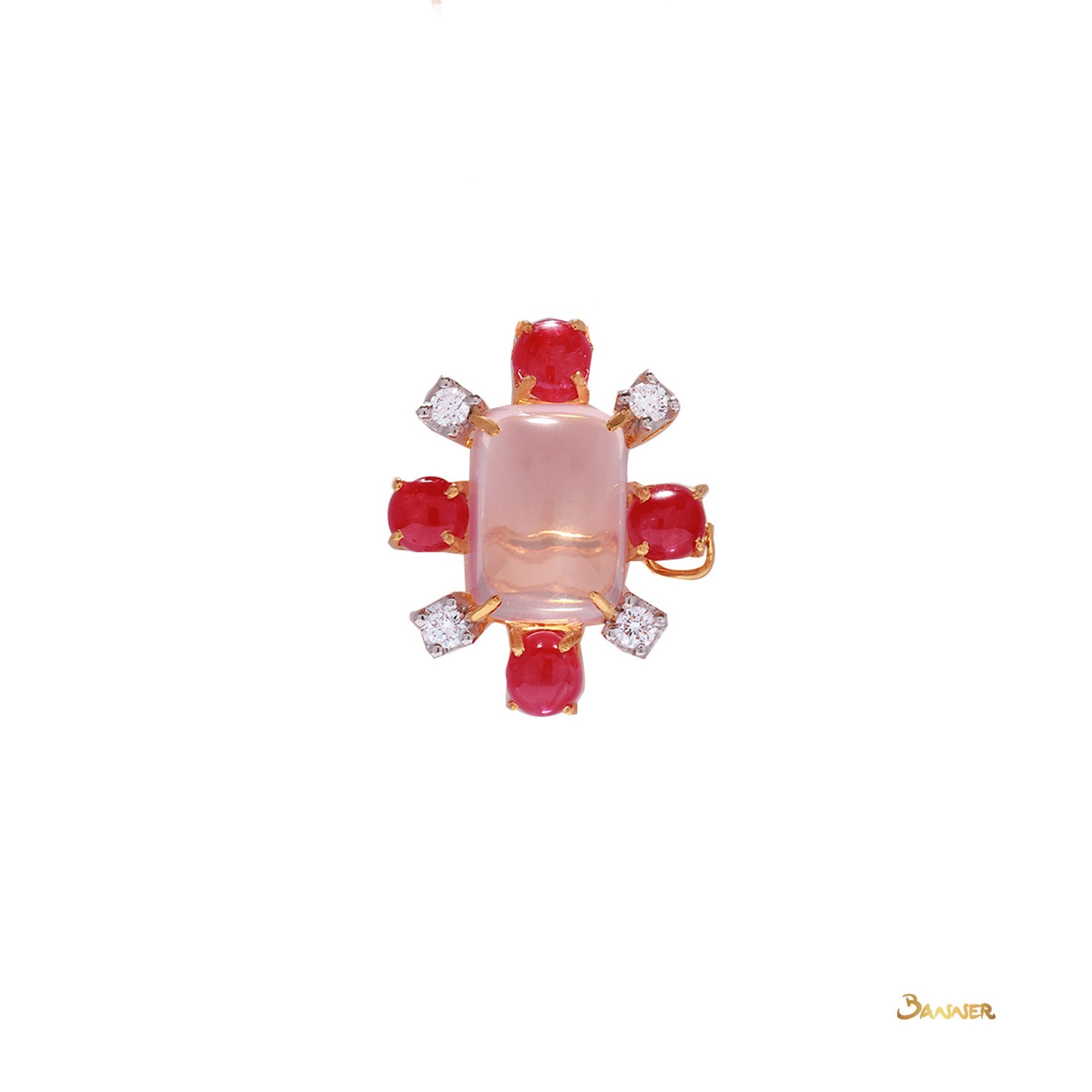 Rose Quartz , Ruby Cabochon and Diamond Brooch