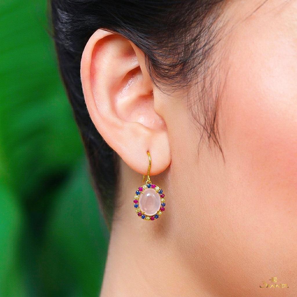 Rose Quartz and Multi-Colored Sapphire Halo Earrings