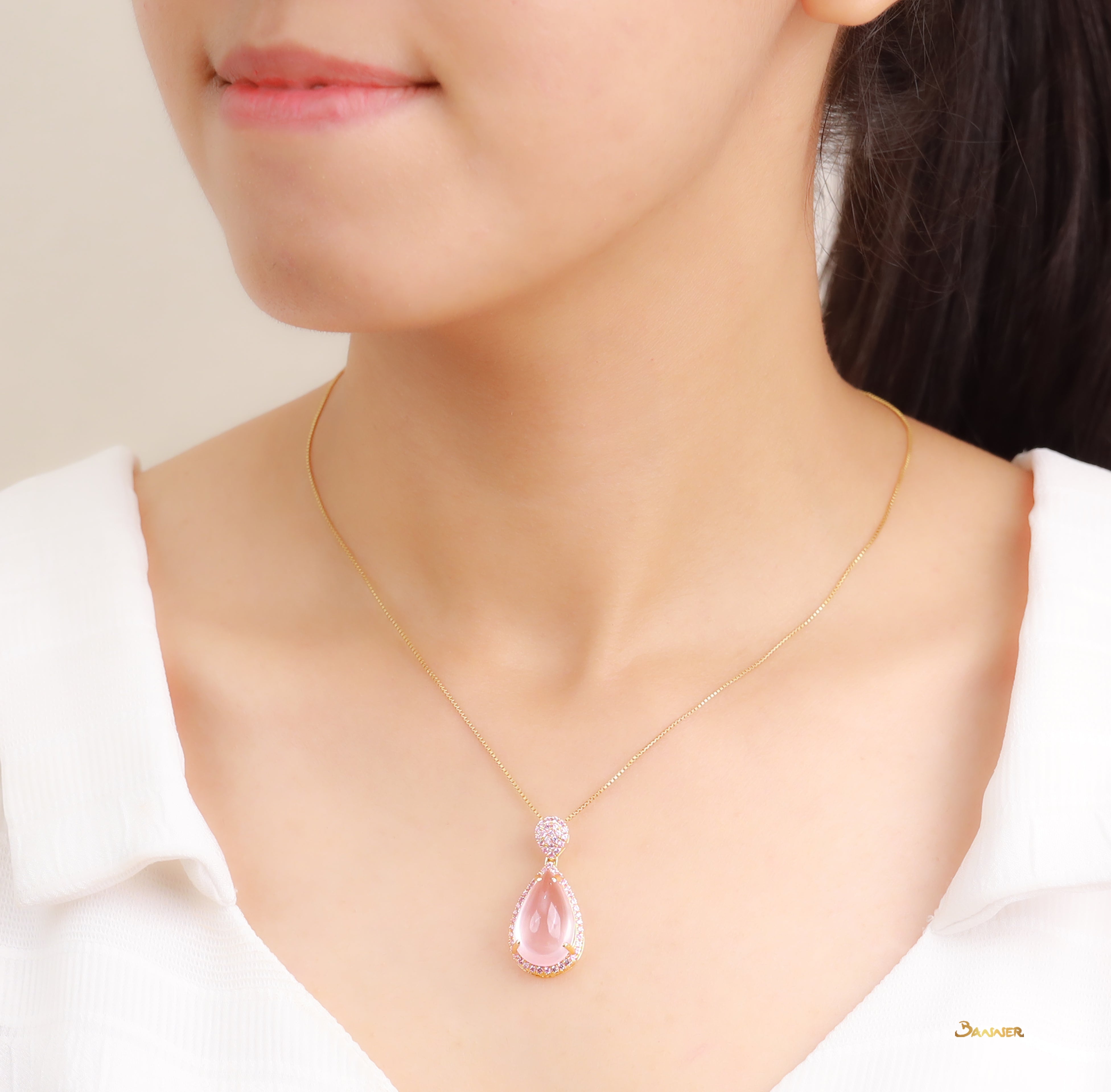 Drop-shaped Rose Quartz and Pink Sapphire Pendant