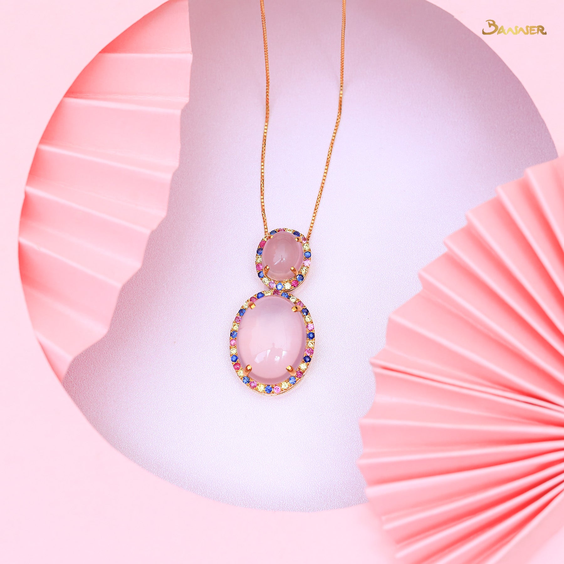 Rose Quartz and Multi-Colored Sapphire Halo Pendant