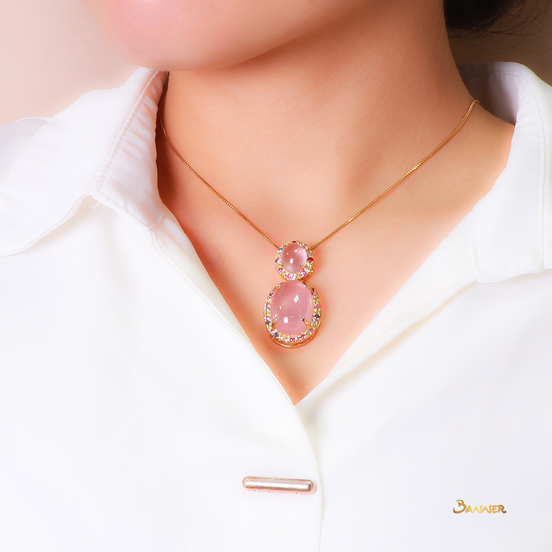 Rose Quartz and Multi-Colored Sapphire Halo Pendant