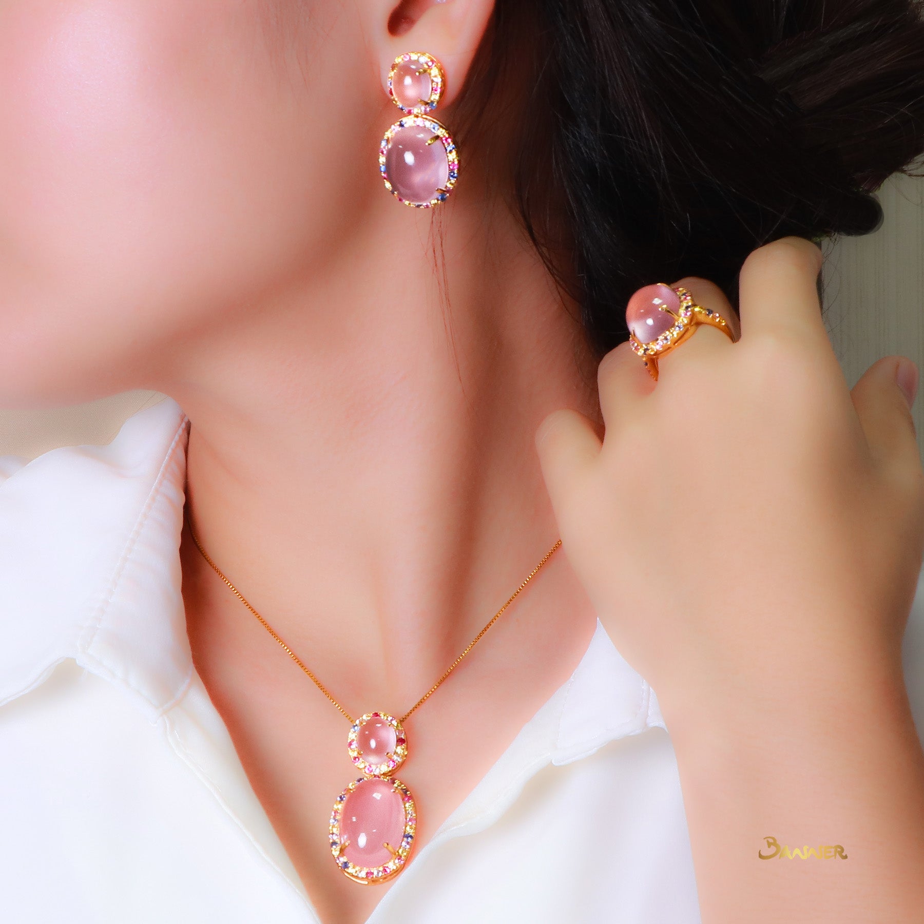 Rose Quartz and Multi-Colored Sapphire Halo Pendant