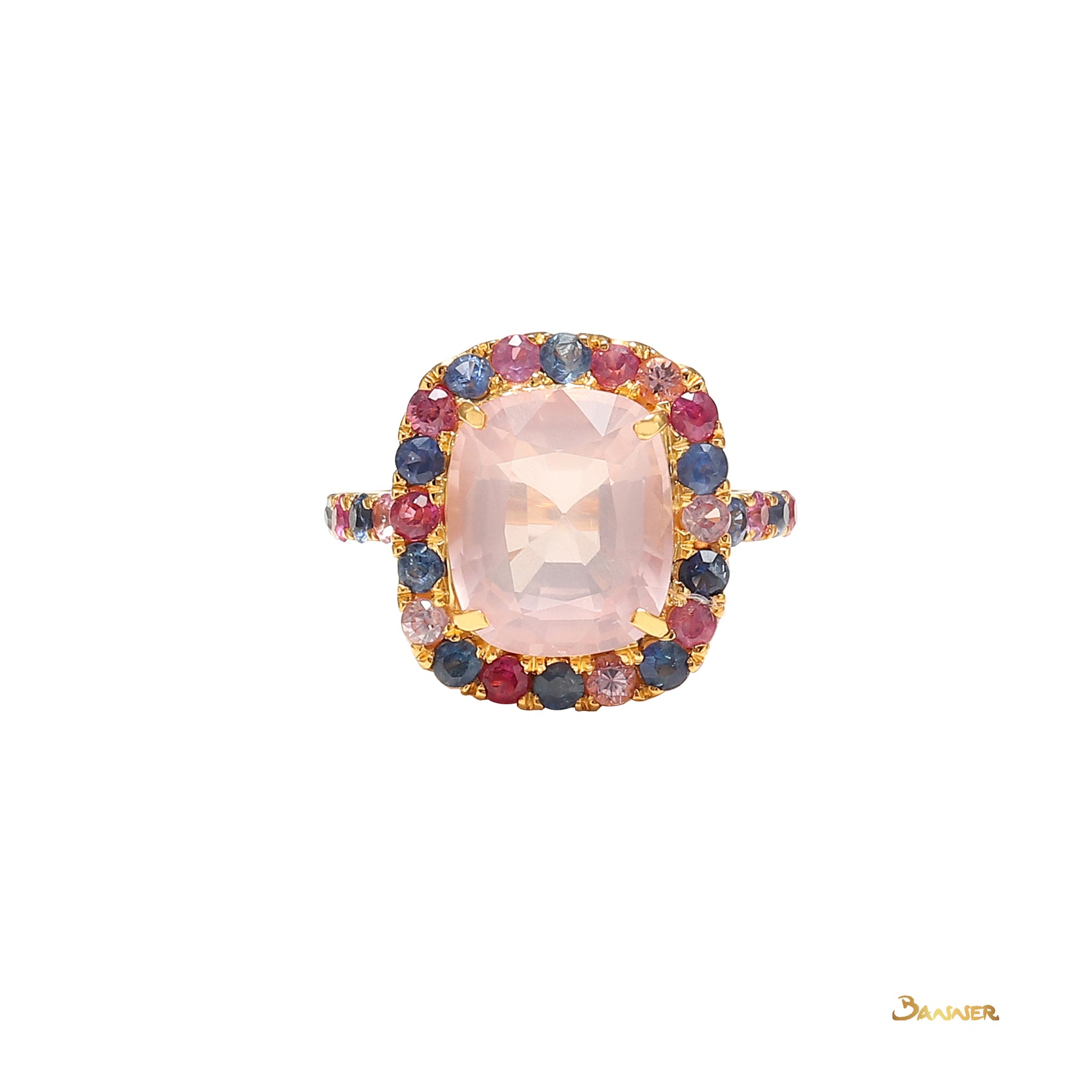 Rose Quartz and Multi-Colored Sapphire Halo Ring