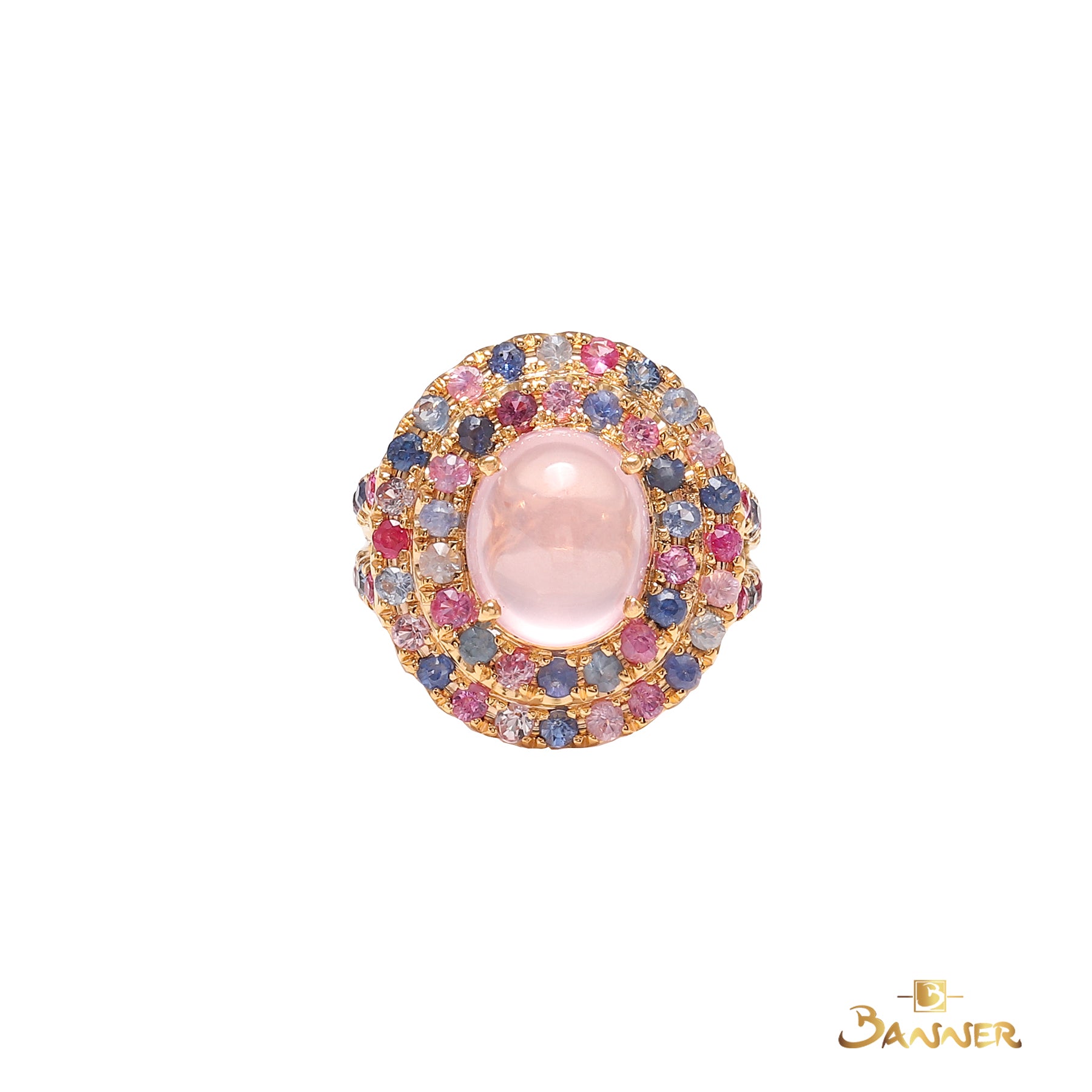 Rose Quartz and Multi-Colored Sapphire Double Halo Ring