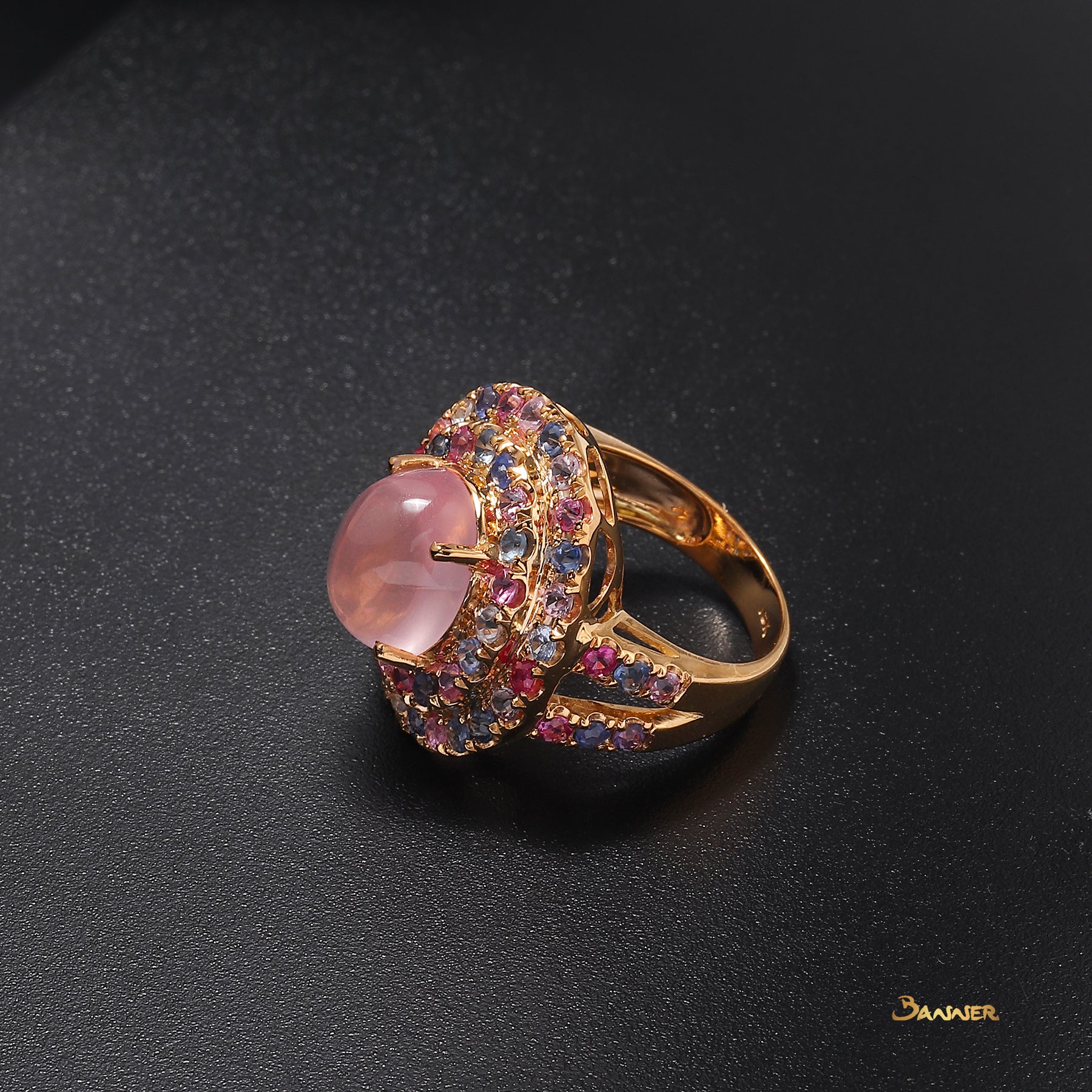 Rose Quartz and Multi-Colored Sapphire Double Halo Ring