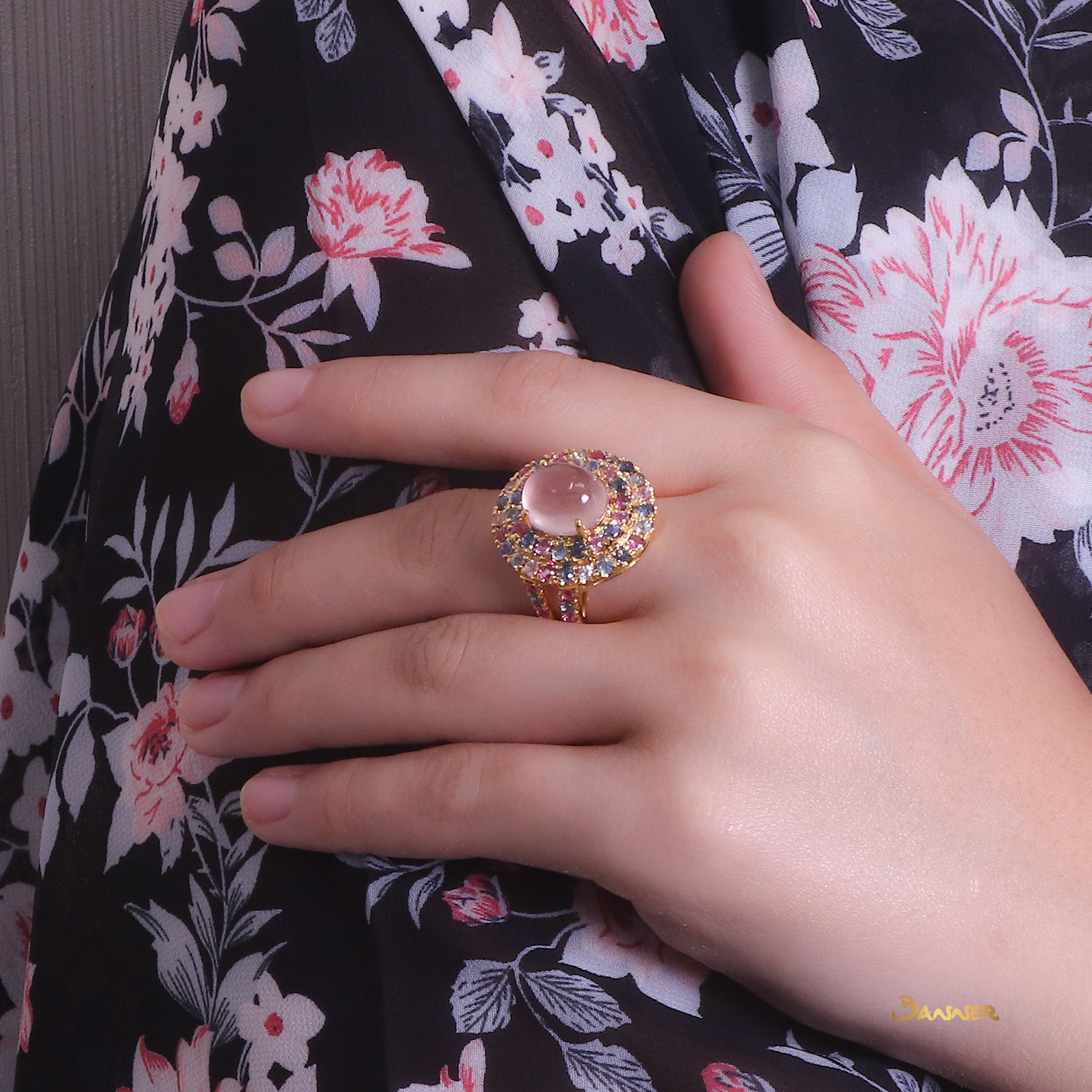 Rose Quartz and Multi-Colored Sapphire Double Halo Ring