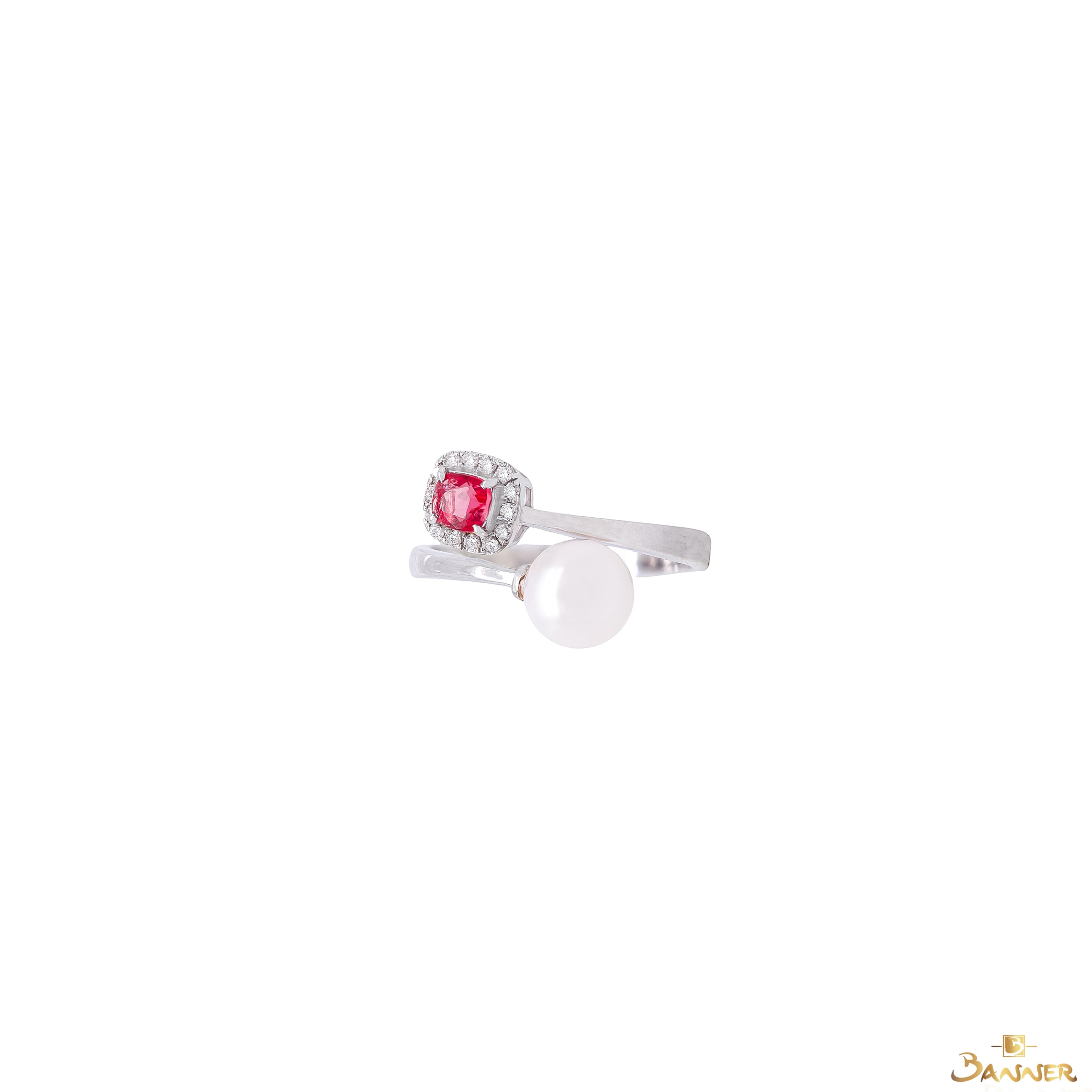 Pink Spinel , Pearl and Diamond Toi - Et - Moi Ring