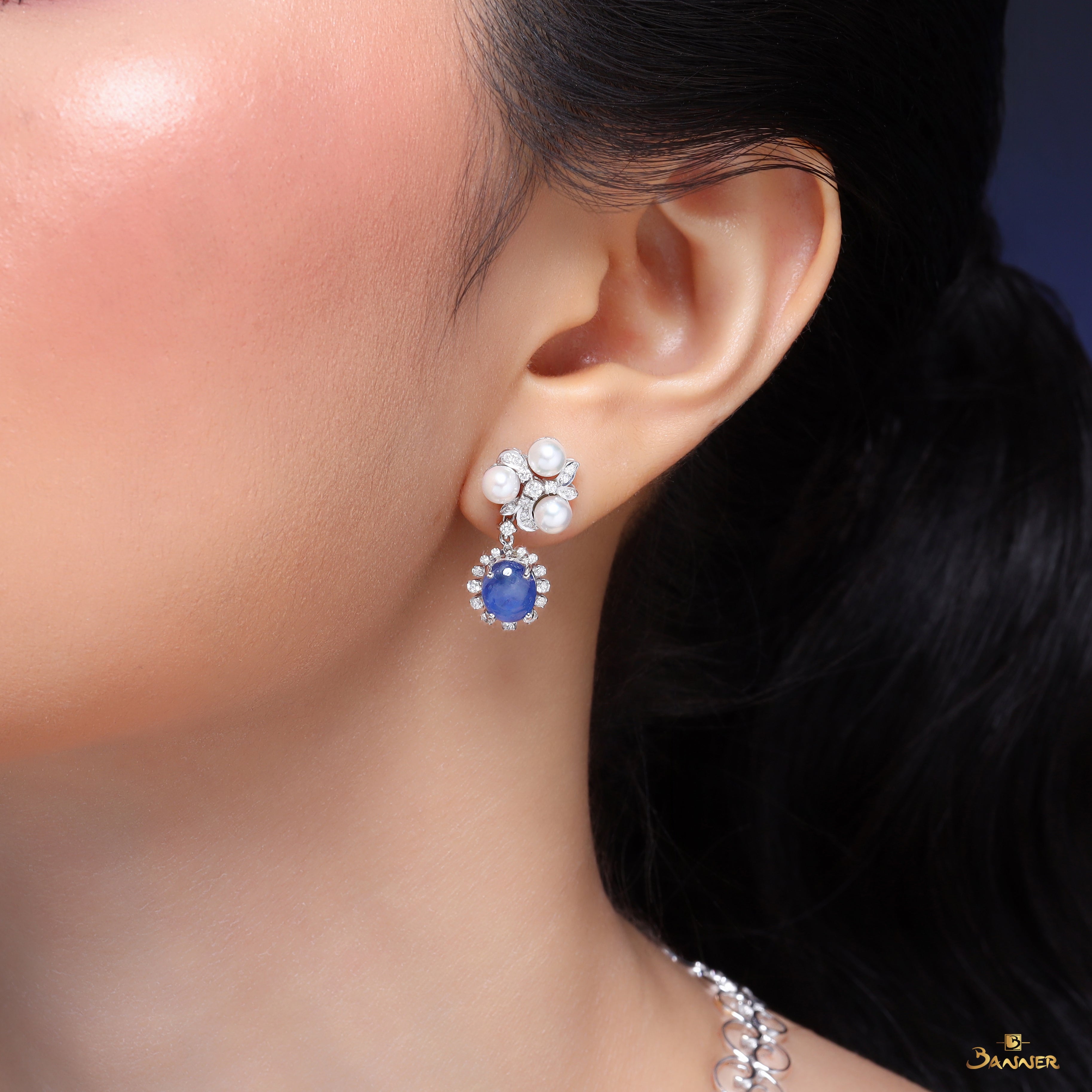 Pearl , Sapphire Cabochon and Diamond Petal Earrings
