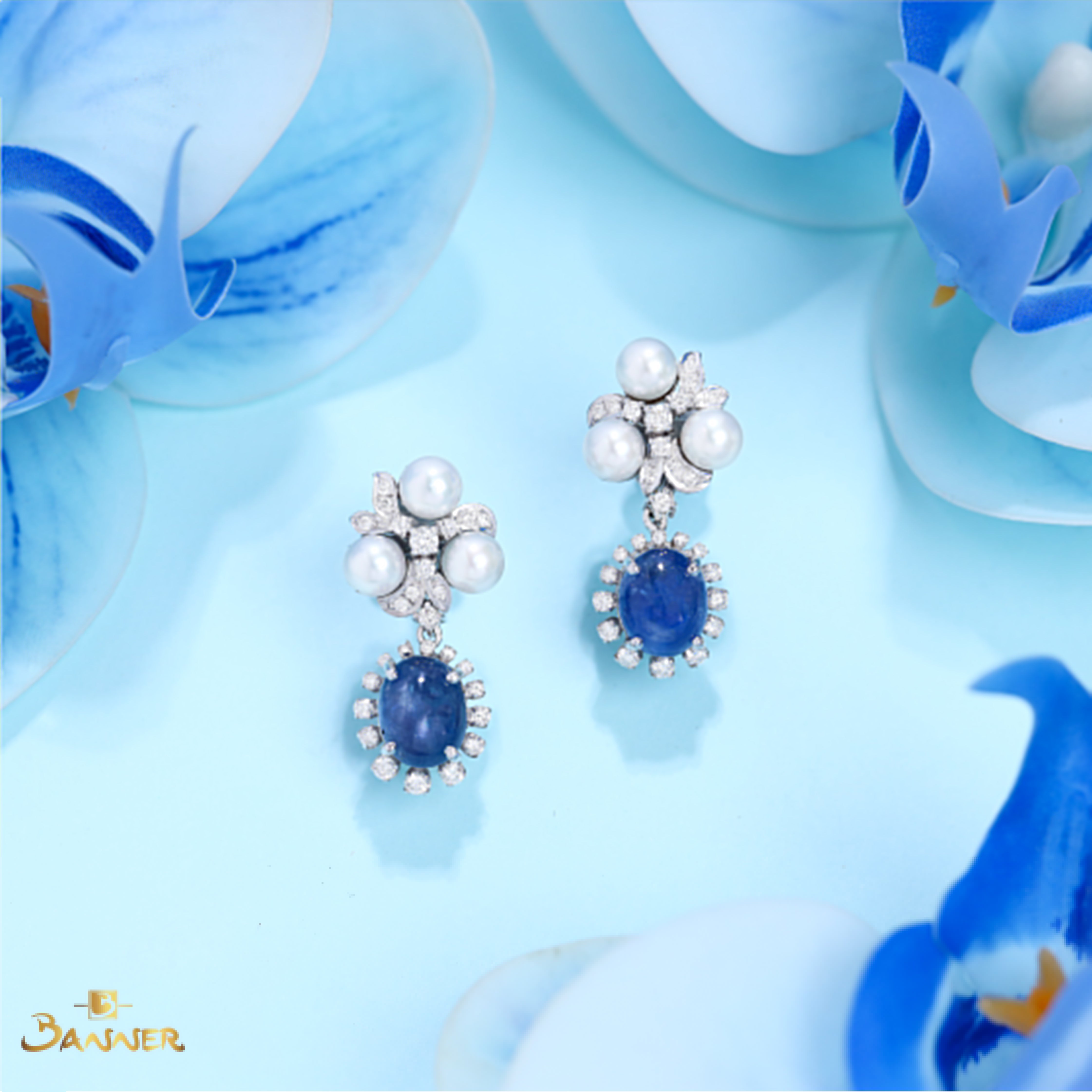 Pearl , Sapphire Cabochon and Diamond Petal Earrings