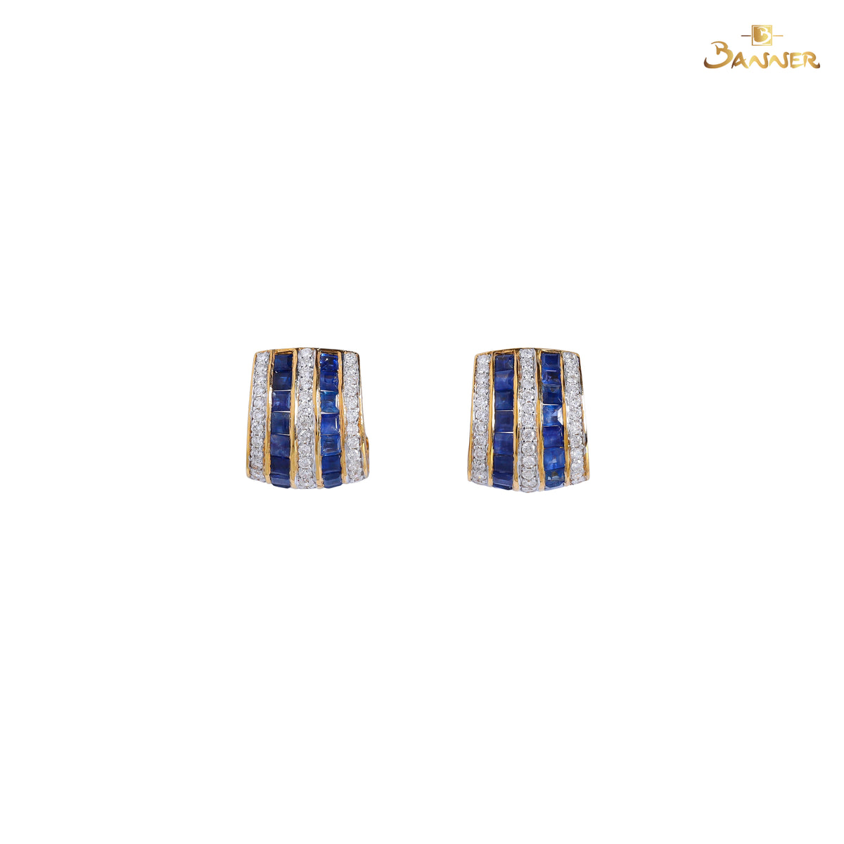 Emerald-cut Sapphire and Diamond Multi Rows Earrings